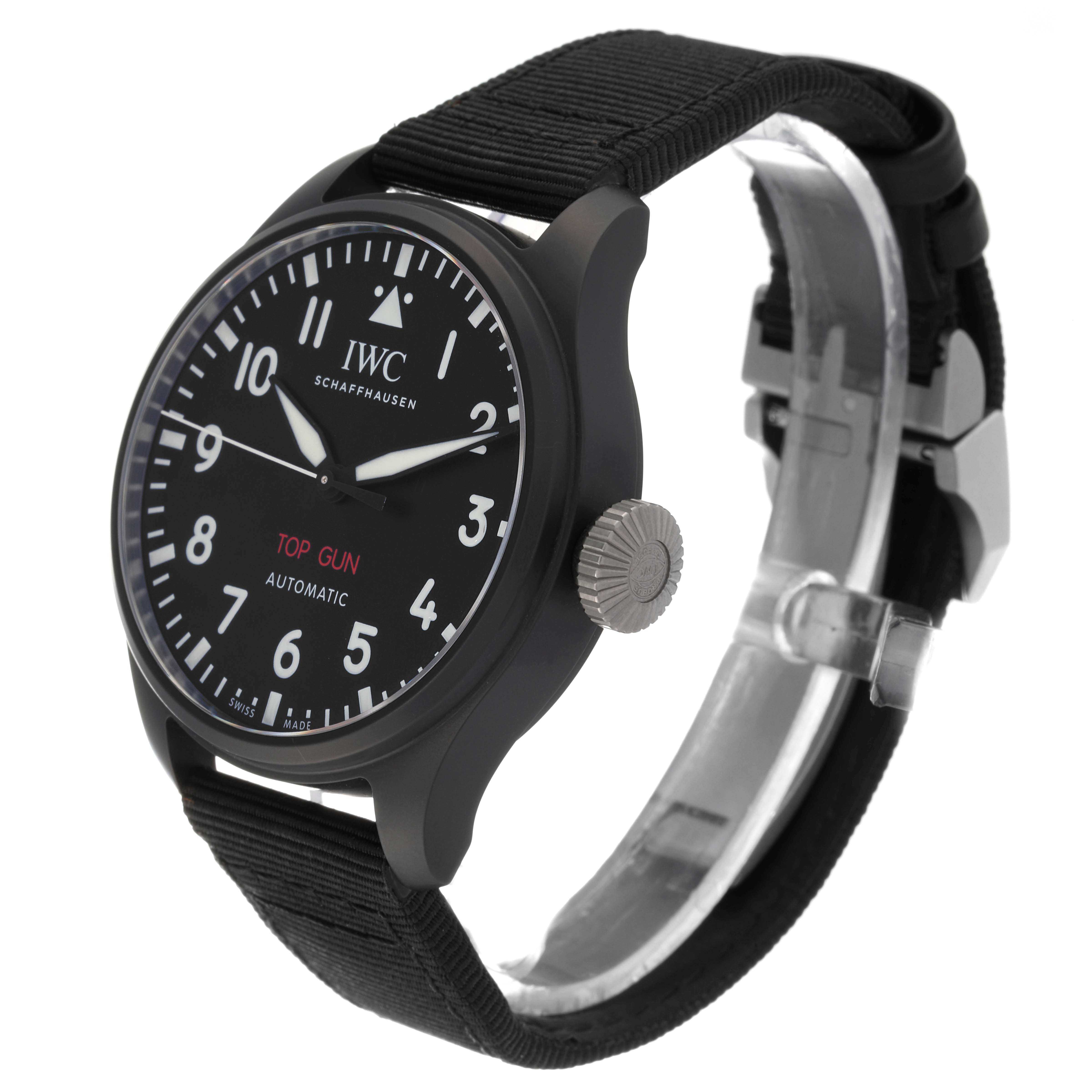 The IWC Pilot IW329801 Men's Ceramic Black Dial IW329801 Men's Ceramic Black Dial Top Gun Automatic watch is shown at a three-quarter angle, displaying the dial, crown, and strap.