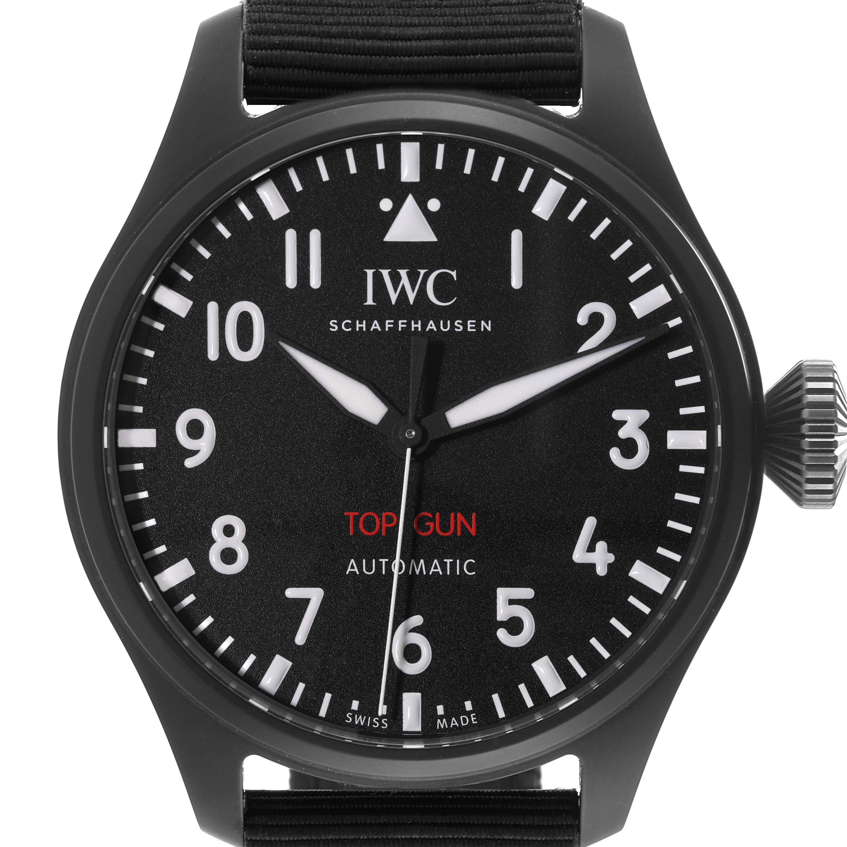 The image shows a front view of the IWC Pilot IW329801 Men's Ceramic Black Dial IW329801 Men's Ceramic Black Dial model watch, displaying the dial, hands, and crown.