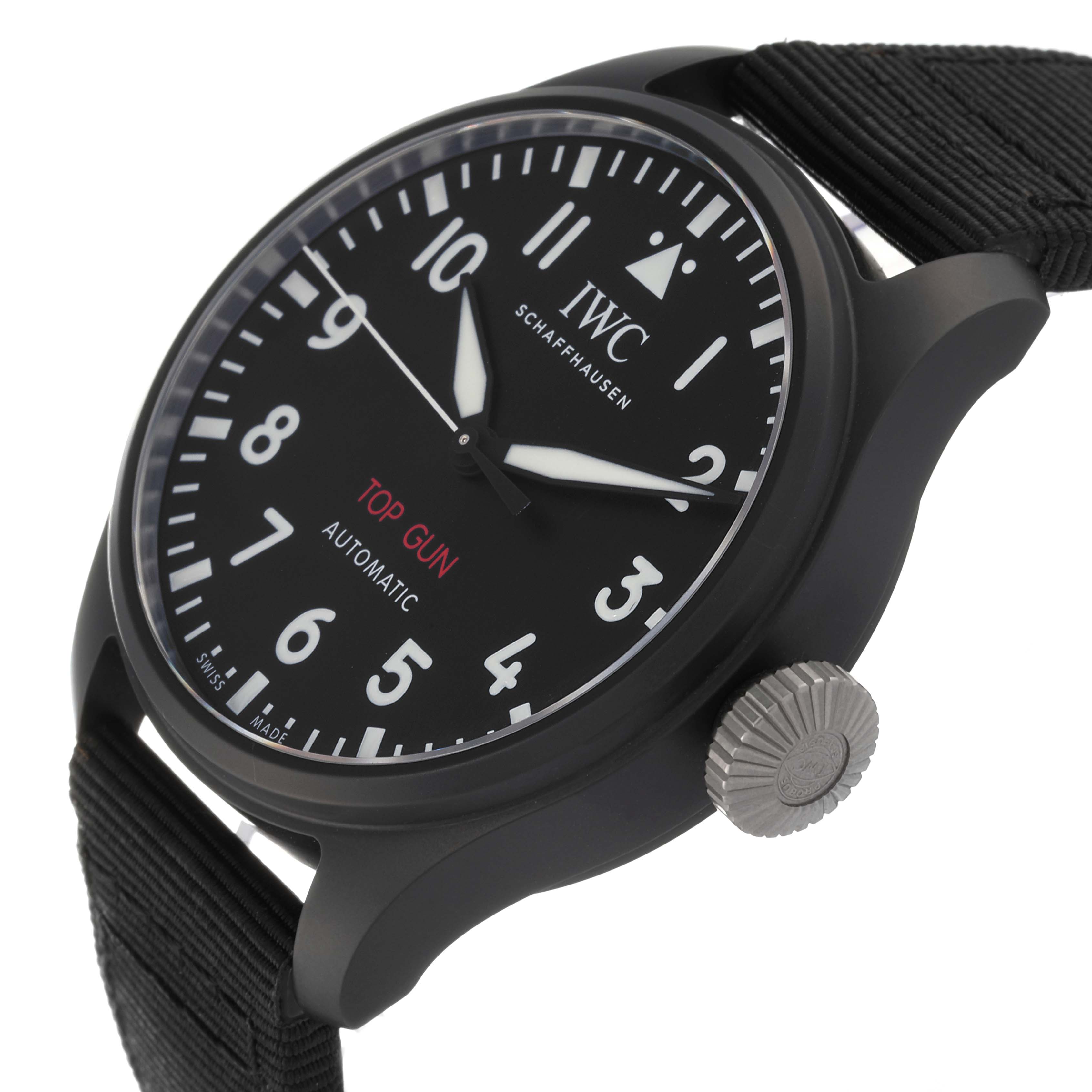 The image shows a close-up angle of the IWC Pilot IW329801 Men's Ceramic Black Dial IW329801 Men's Ceramic Black Dial watch model, highlighting the face, crown, and part of the strap.