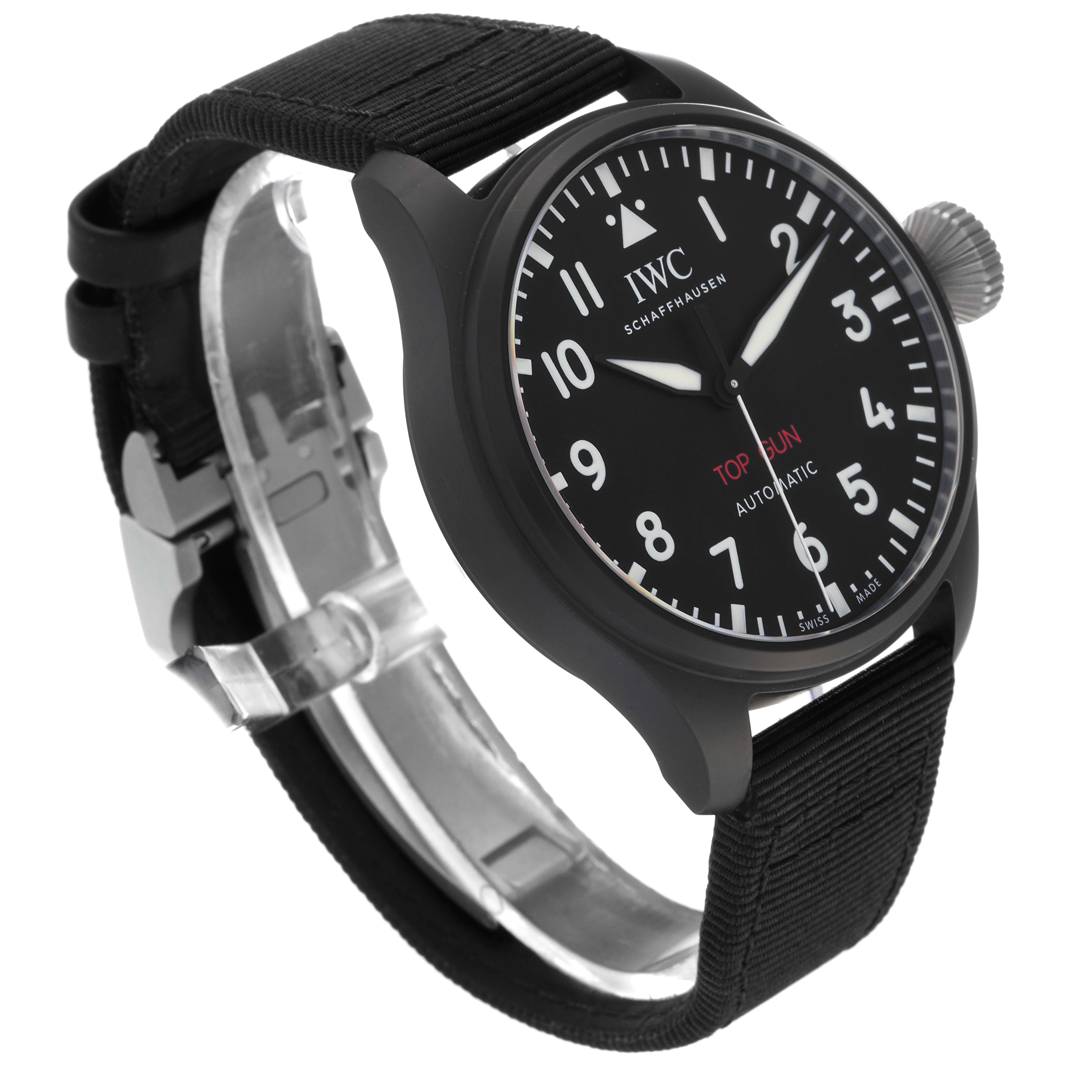 The image shows an angled view of the IWC Pilot IW329801 Men's Ceramic Black Dial IW329801 Men's Ceramic Black Dial model watch, highlighting the face, crown, and strap buckle.