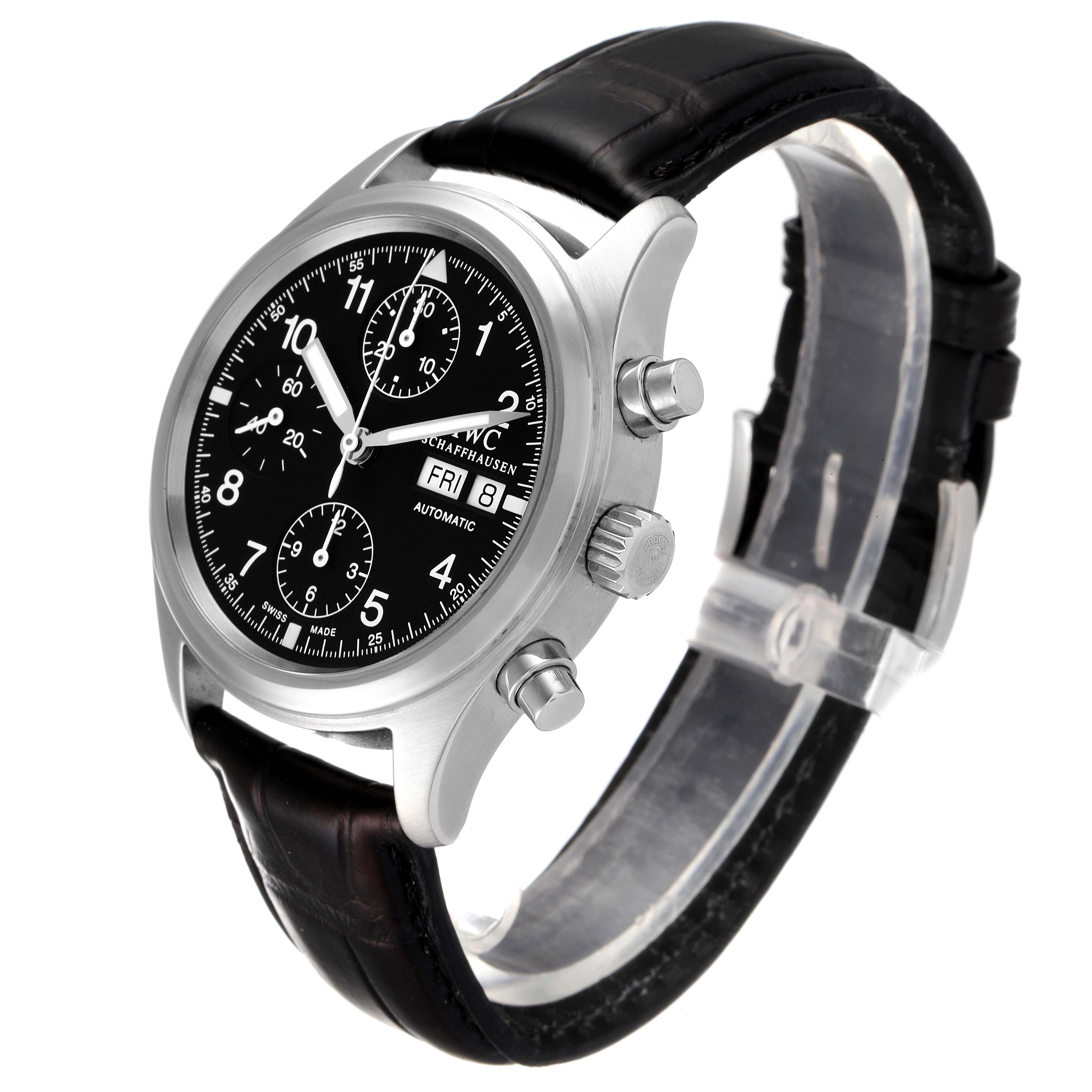 This image shows an IWC Pilot IW370603 Men's Stainless Steel Black Dial IW370603 Men's Stainless Steel Black Dial model watch from an angled front view, featuring its black dial, chronograph subdials, and black leather strap.