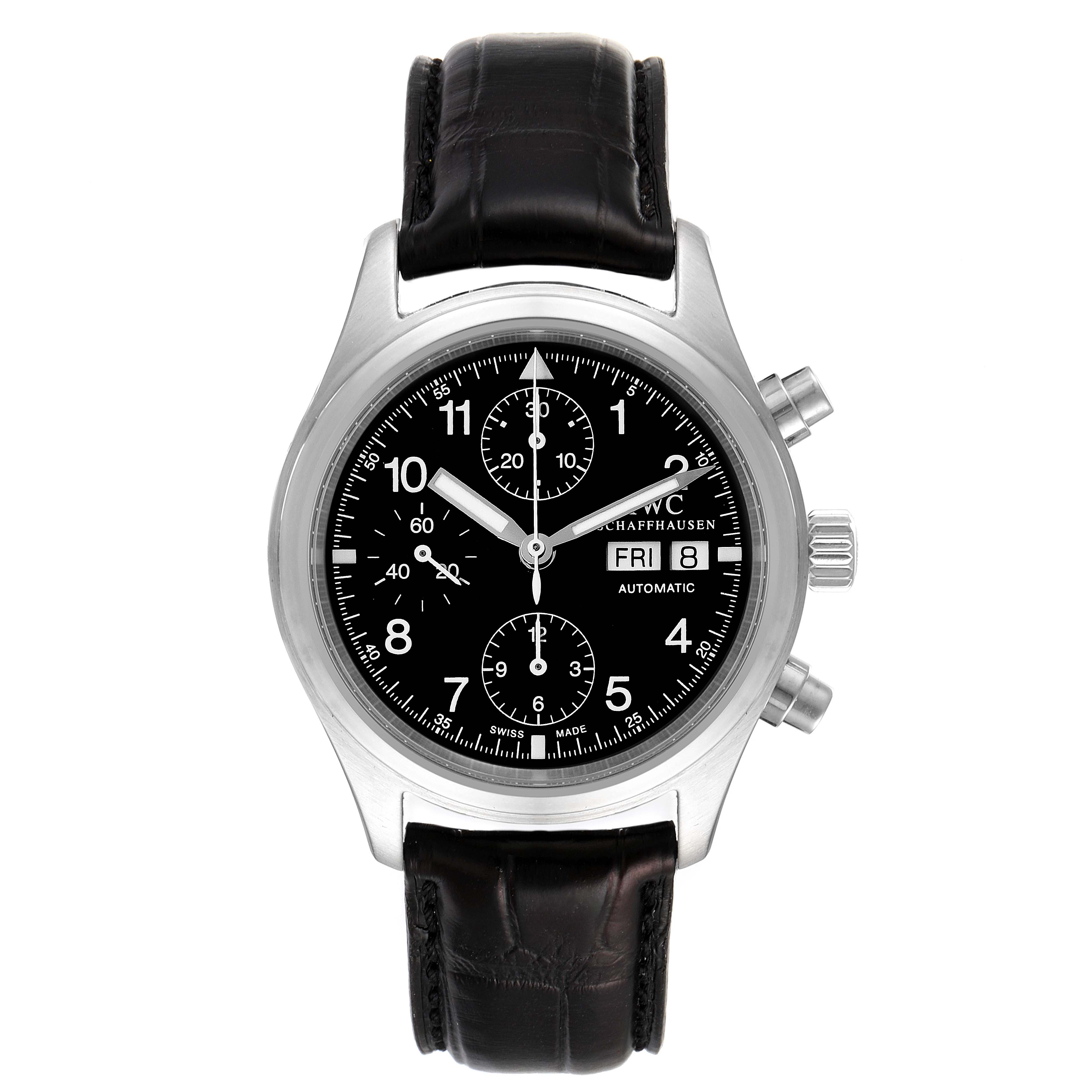 The image shows a front view of an IWC Pilot IW370603 Men's Stainless Steel Black Dial IW370603 Men's Stainless Steel Black Dial model watch with a black dial and leather strap.