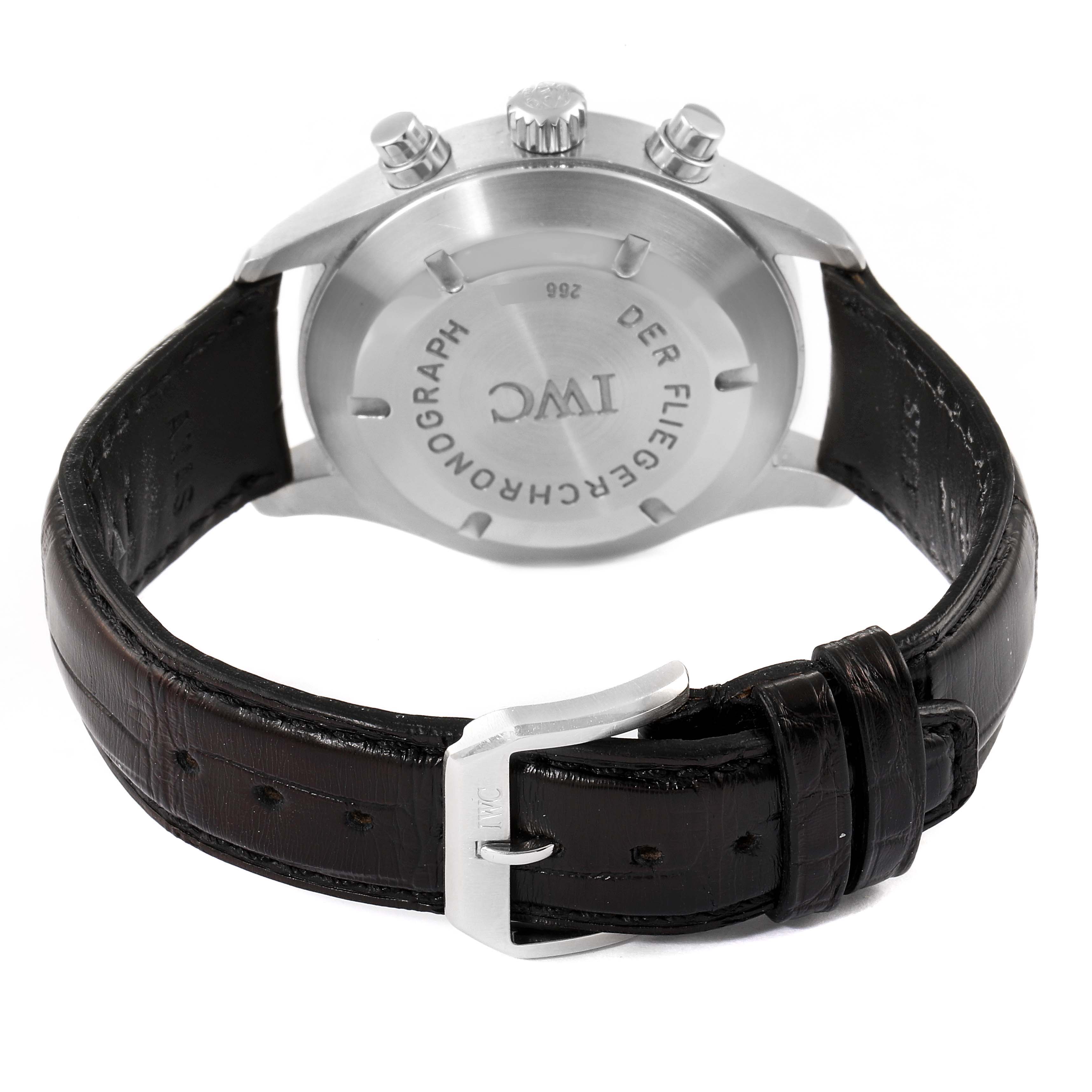 The IWC Pilot IW370603 Men's Stainless Steel Black Dial IW370603 Men's Stainless Steel Black Dial model watch is shown from the back, displaying its case back and leather strap with buckle.