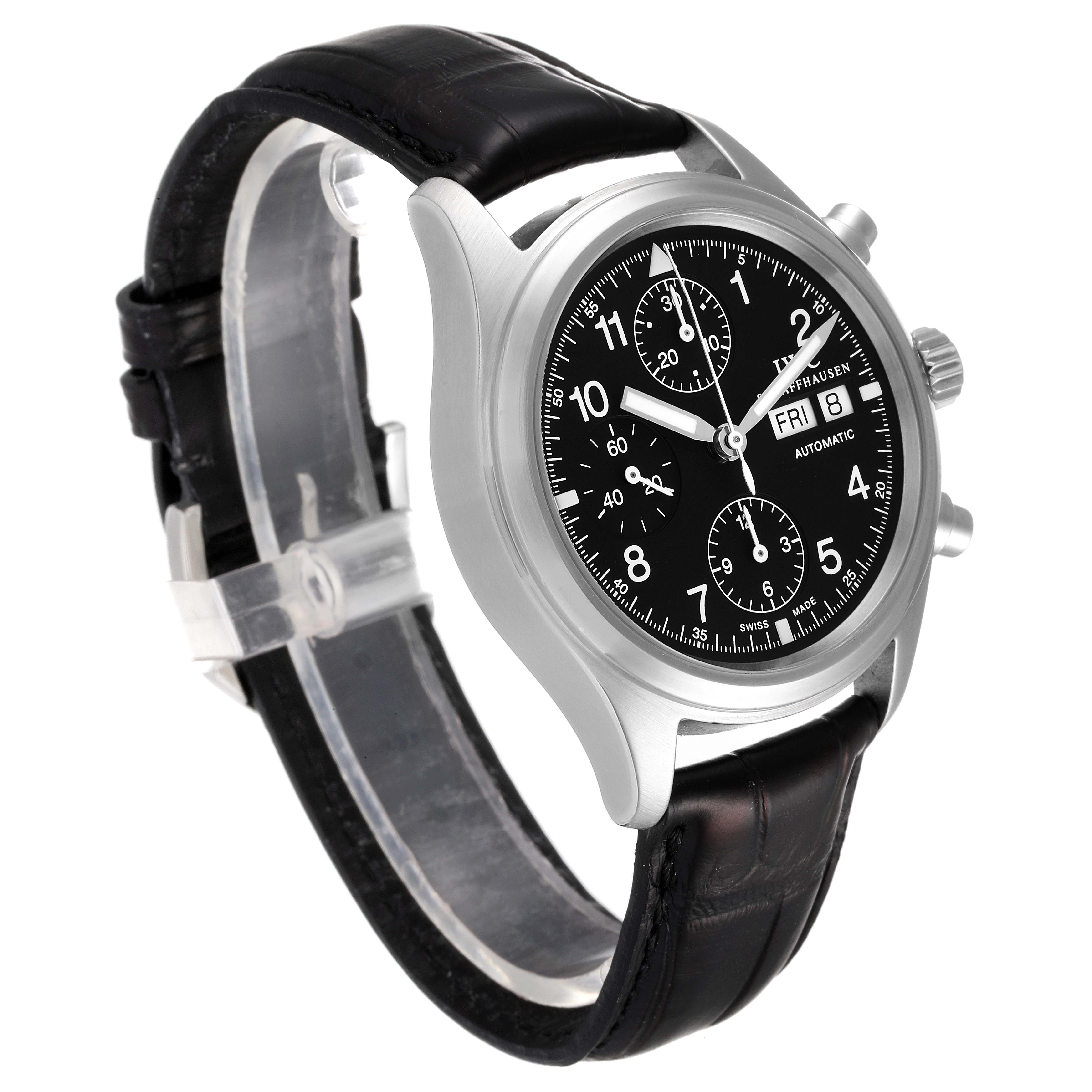 The image shows an angled view of an IWC Pilot IW370603 Men's Stainless Steel Black Dial IW370603 Men's Stainless Steel Black Dial model watch, featuring its black dial, chronograph subdials, and black leather strap.