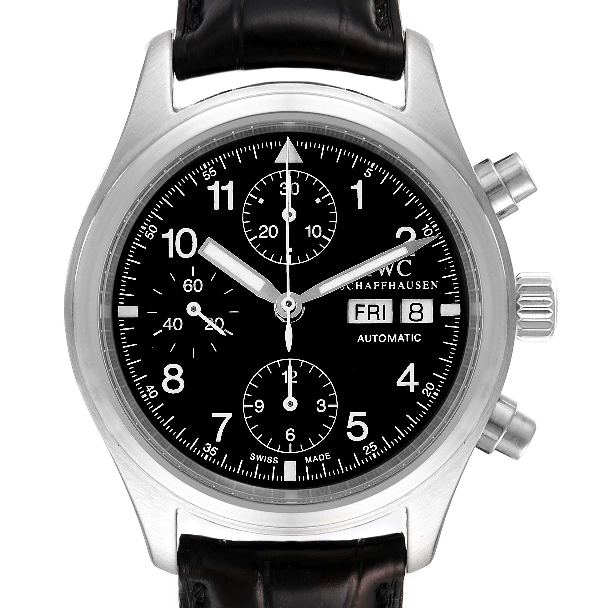 This IWC Pilot IW370603 Men's Stainless Steel Black Dial IW370603 Men's Stainless Steel Black Dial watch model is shown from a front angle, displaying its black dial, chronograph subdials, day/date window, and leather strap.