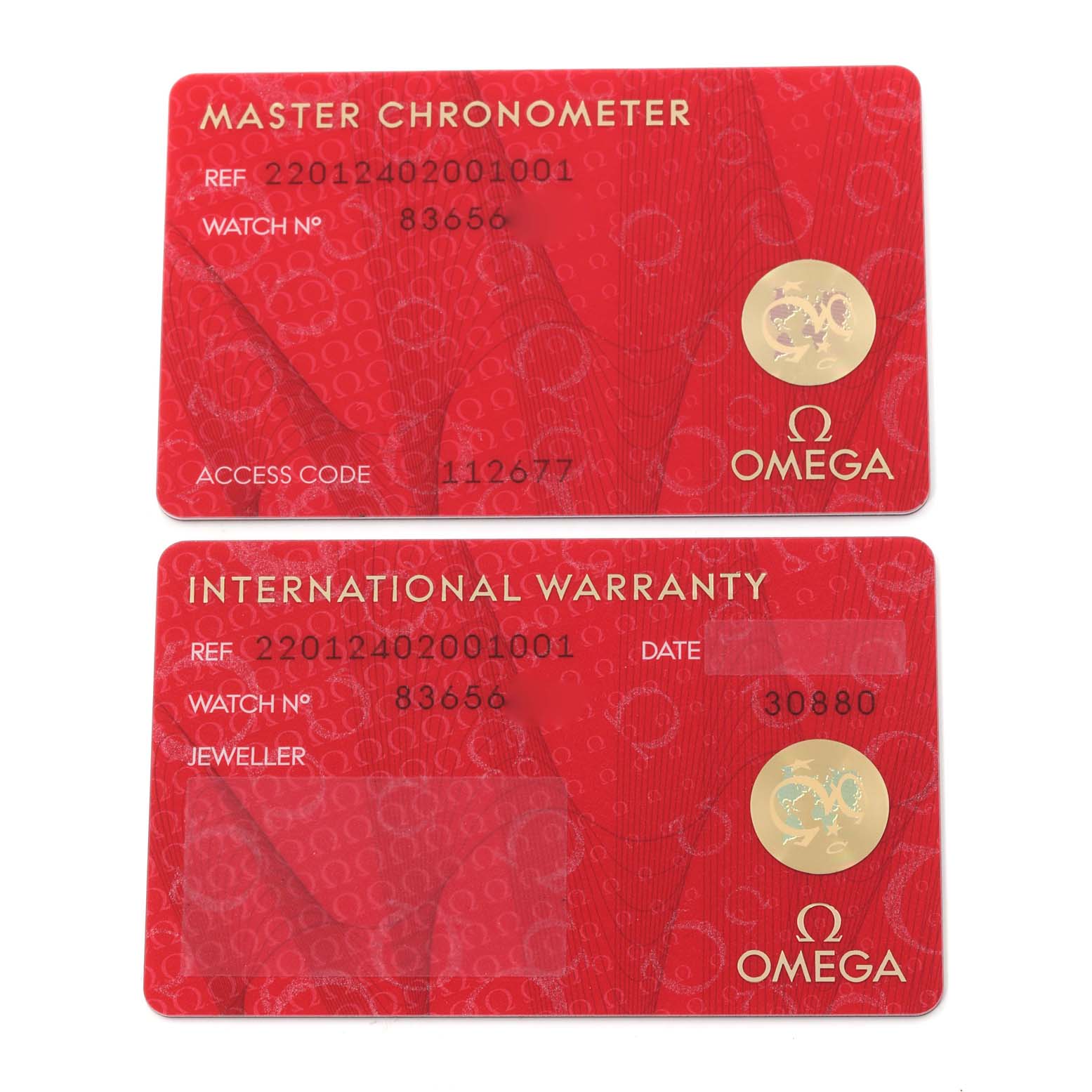 The image shows the Master Chronometer and International Warranty cards for the Aqua Terra model by Omega.