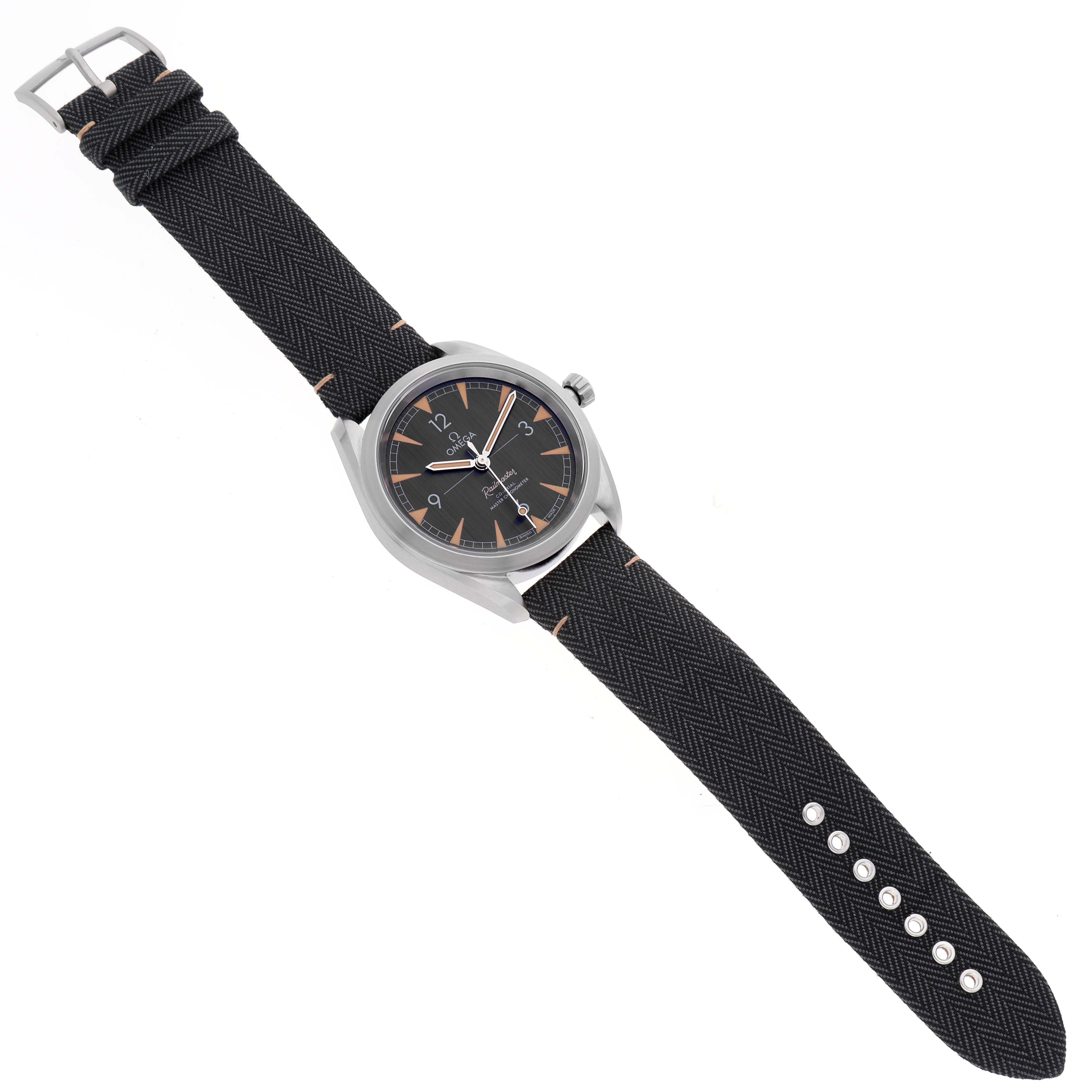 The Omega Aqua Terra 220.12.40.20.01.001 Men's Stainless Steel Black Dial 220.12.40.20.01.001 Men's Stainless Steel Black Dial model watch is shown from a top-down angle, displaying the face, case, and full strap.