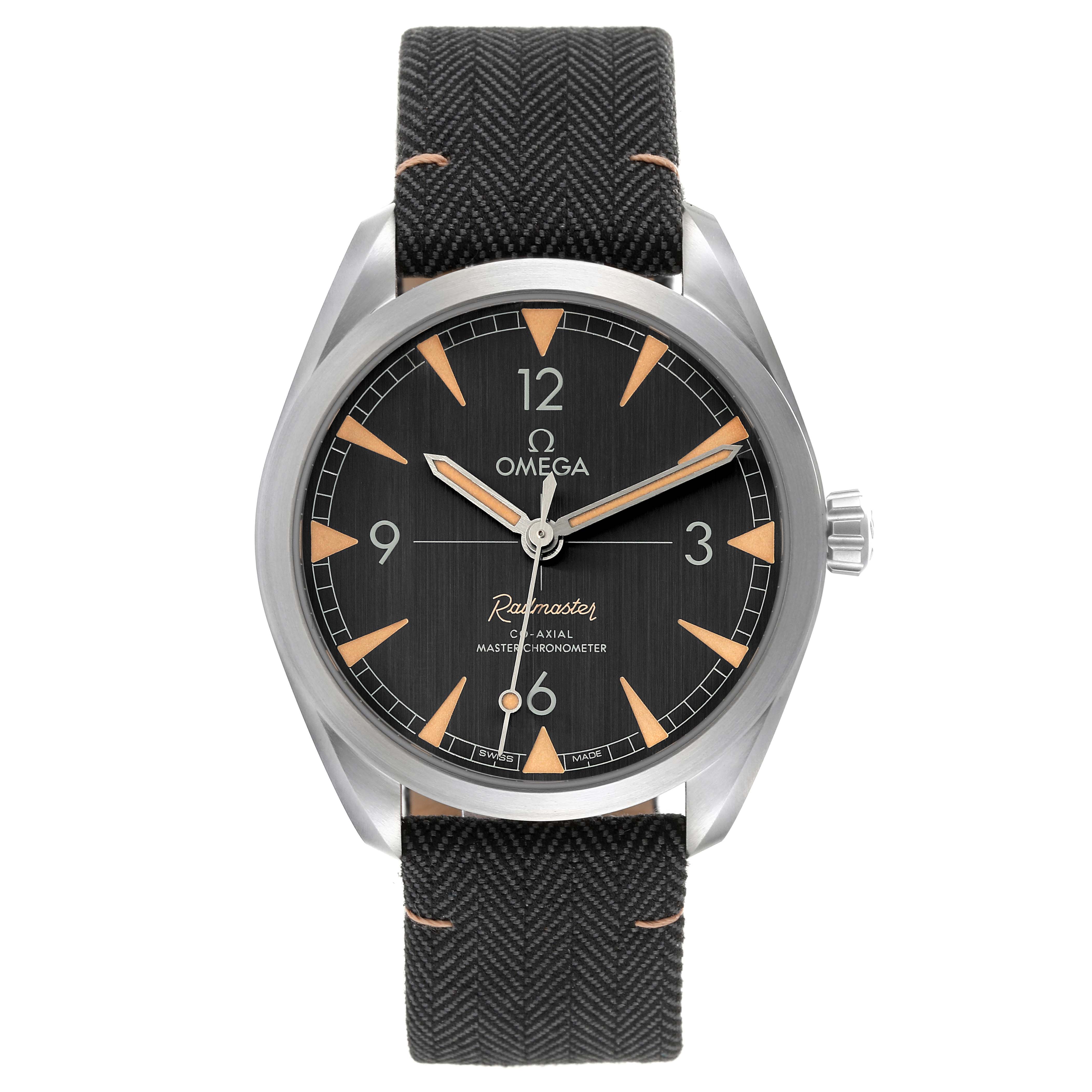 The image shows a front view of the Omega Aqua Terra 220.12.40.20.01.001 Men's Stainless Steel Black Dial 220.12.40.20.01.001 Men's Stainless Steel Black Dial watch, displaying the dial, hands, and strap.