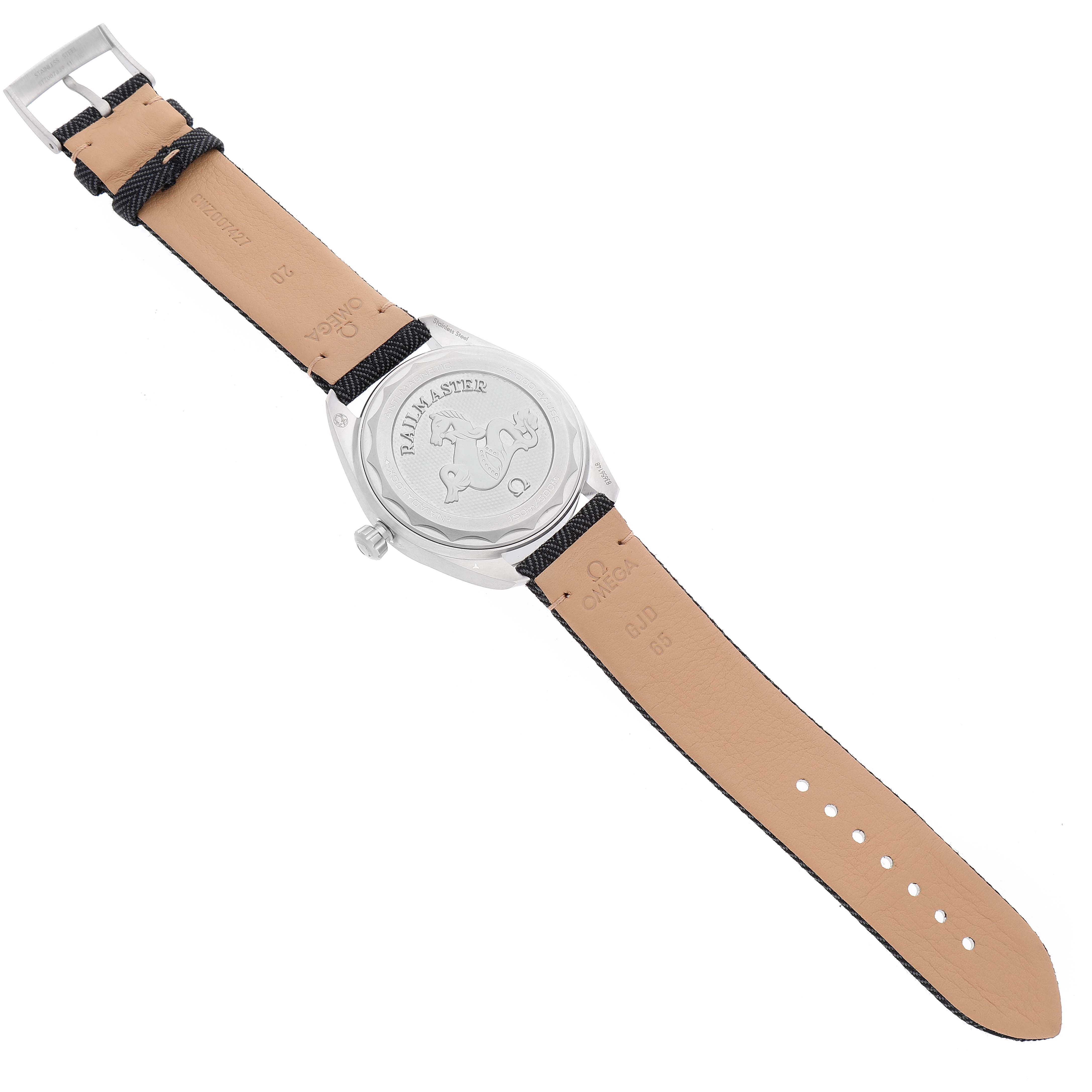 The image shows the back view of the Omega Aqua Terra 220.12.40.20.01.001 Men's Stainless Steel Black Dial 220.12.40.20.01.001 Men's Stainless Steel Black Dial watch with its leather strap fully extended.