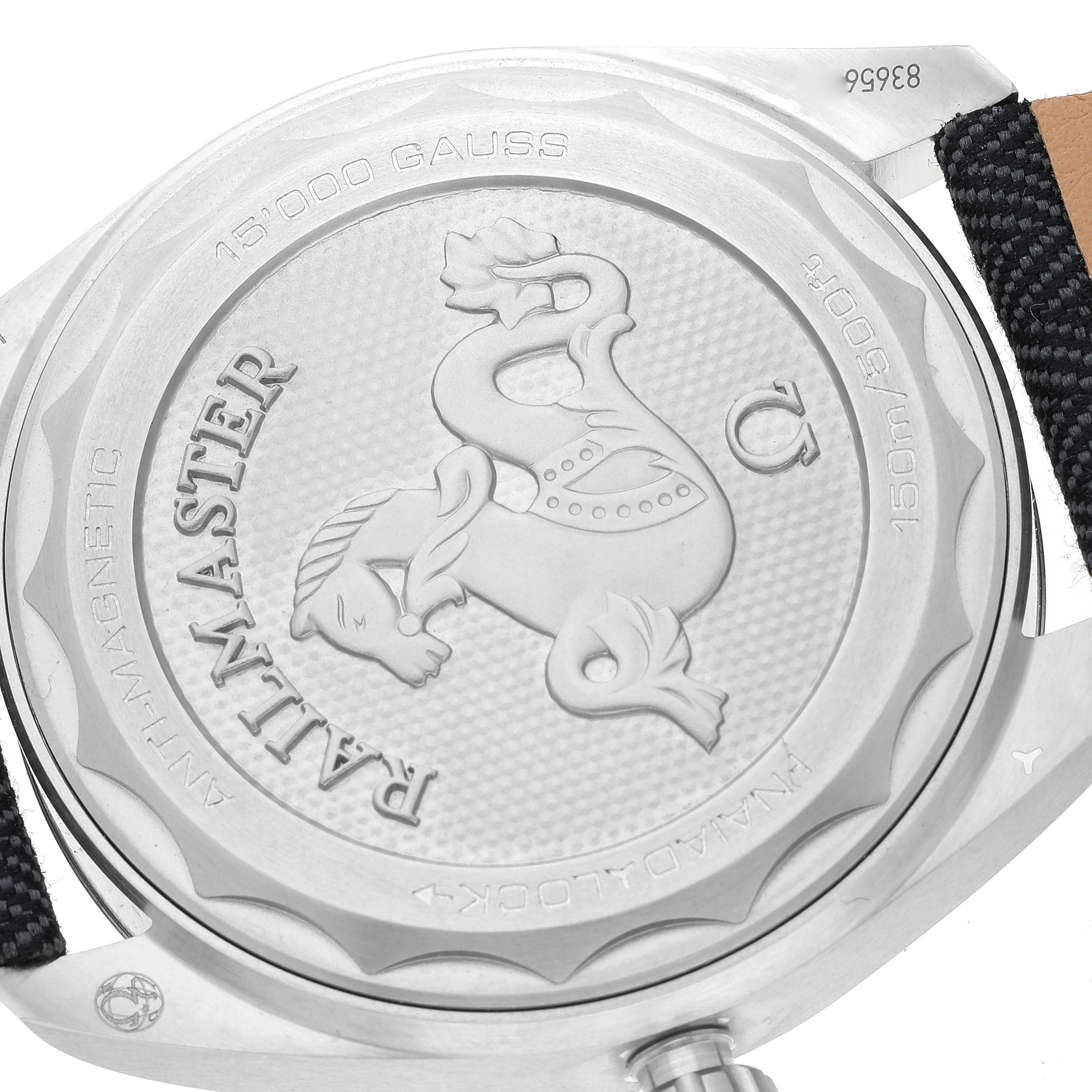 This image shows the back side of the Omega Aqua Terra 220.12.40.20.01.001 Men's Stainless Steel Black Dial 220.12.40.20.01.001 Men's Stainless Steel Black Dial Railmaster watch, highlighting its engravings and anti-magnetic properties.