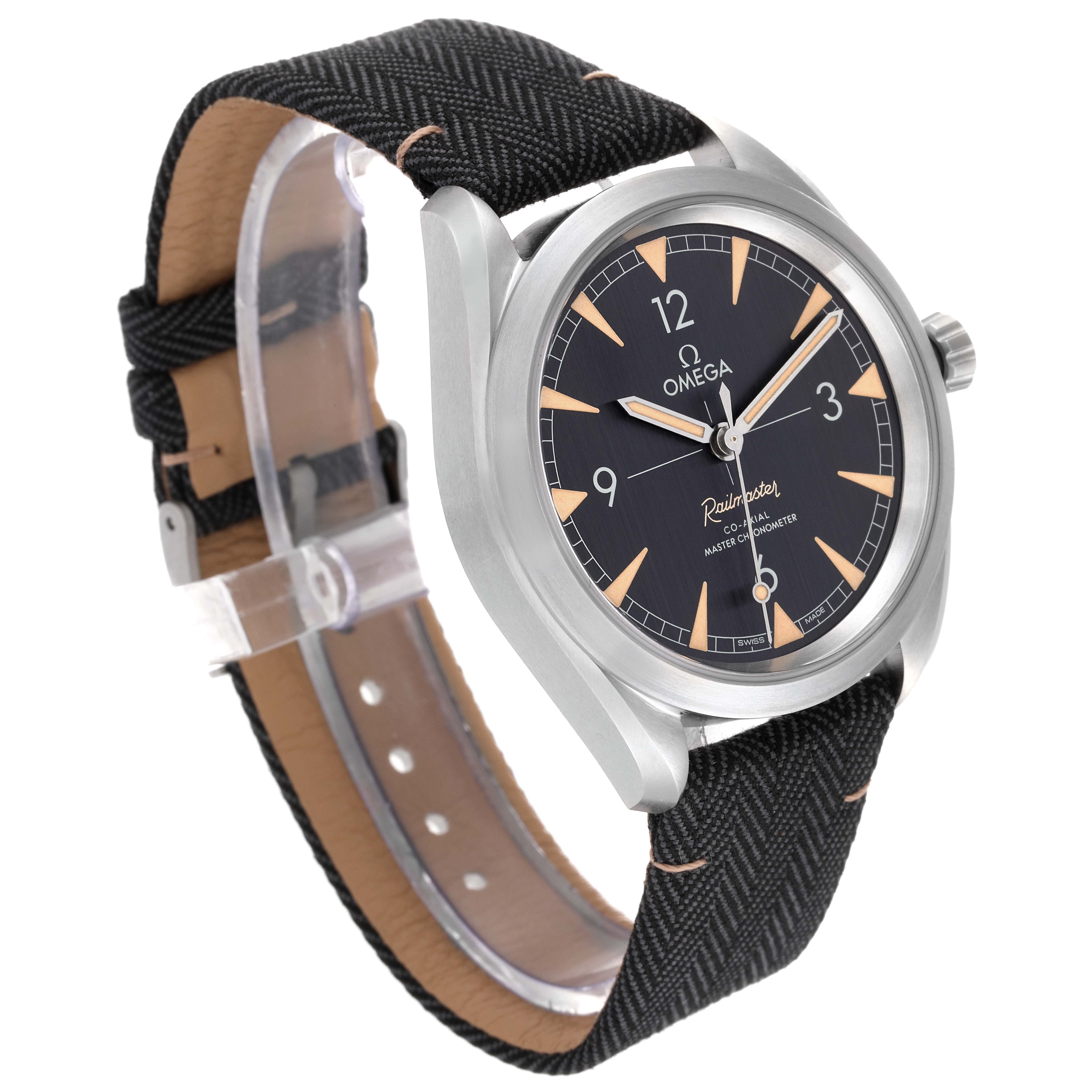 The Omega Aqua Terra 220.12.40.20.01.001 Men's Stainless Steel Black Dial 220.12.40.20.01.001 Men's Stainless Steel Black Dial watch is shown from a front-side angle, displaying its face, case, and strap.