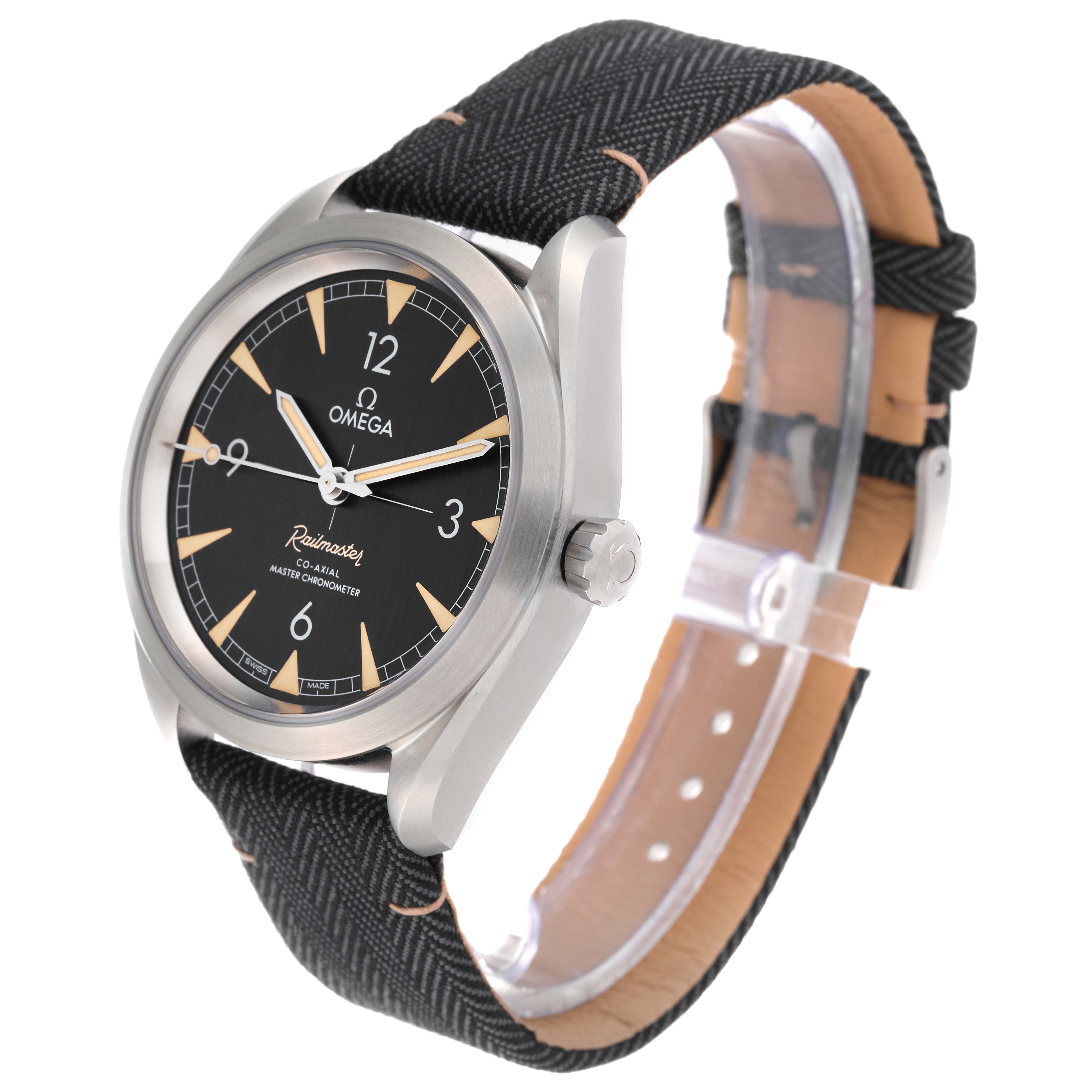 The image shows a side view of the Omega Aqua Terra 220.12.40.20.01.001 Men's Stainless Steel Black Dial 220.12.40.20.01.001 Men's Stainless Steel Black Dial watch, featuring its face, bezel, crown, and strap.