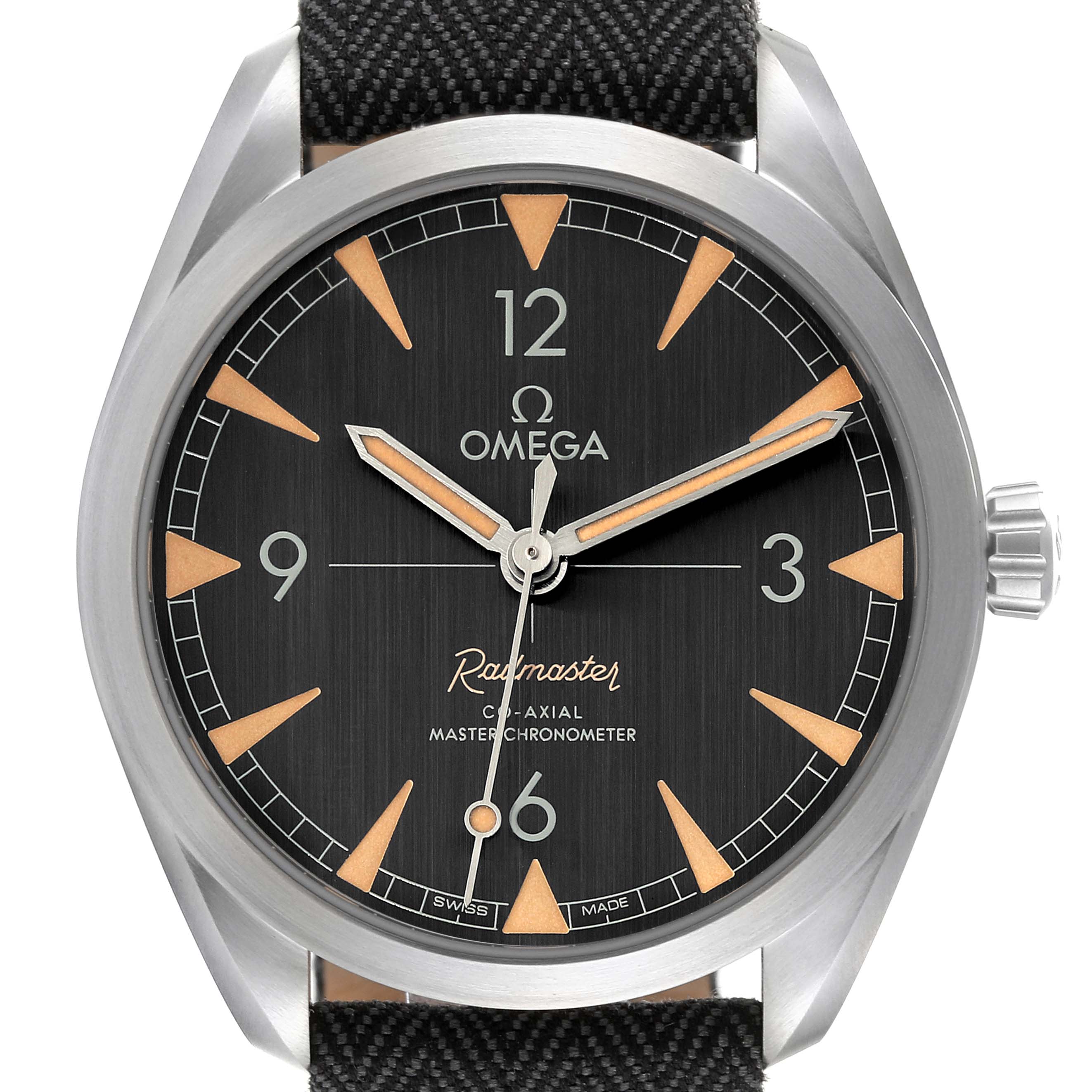 The image shows a front view of an Omega Aqua Terra 220.12.40.20.01.001 Men's Stainless Steel Black Dial 220.12.40.20.01.001 Men's Stainless Steel Black Dial watch, highlighting the black dial, hour markers, hands, and crown.