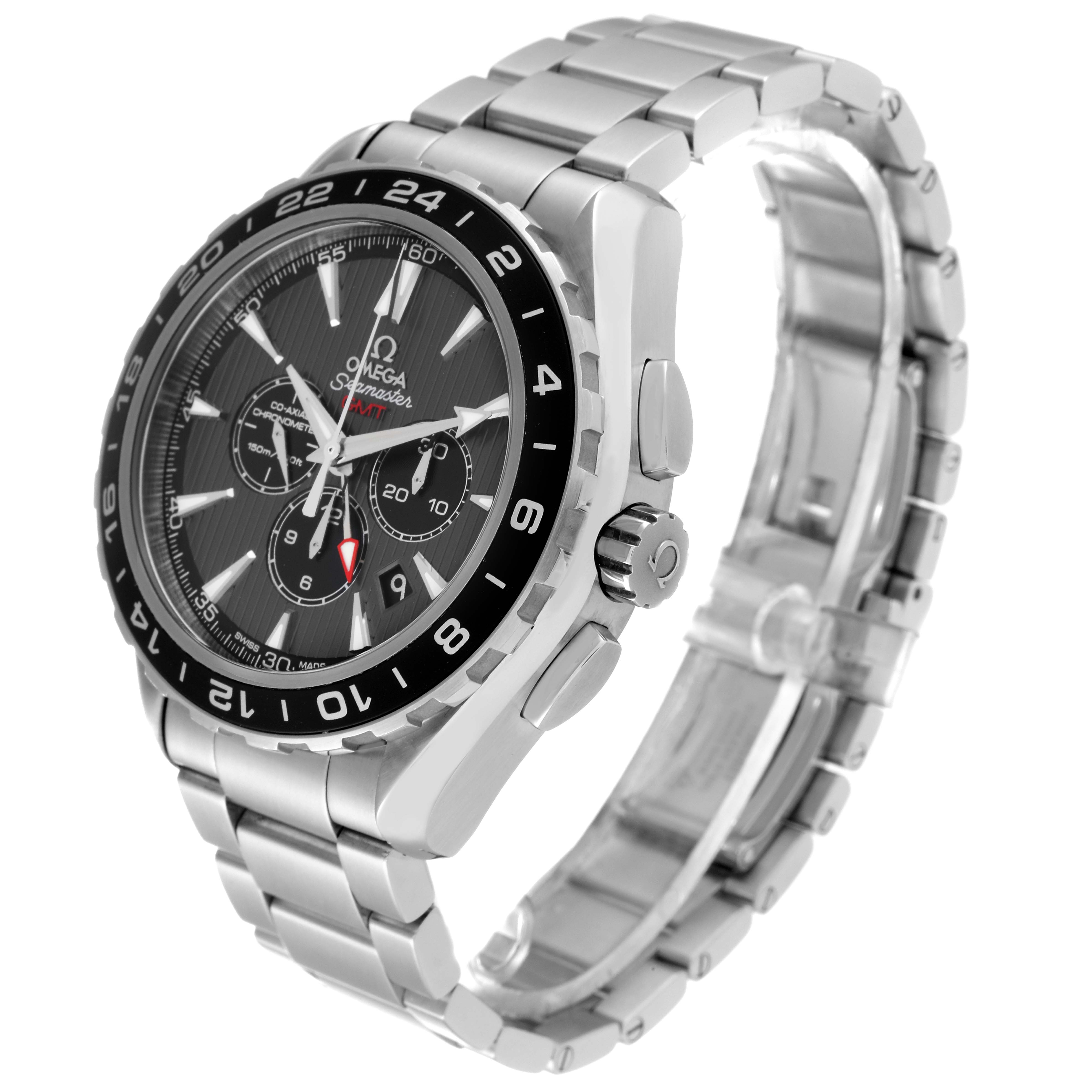 The image shows a side view of the Omega Aqua Terra 231.10.44.52.06.001 Men's Stainless Steel Black Dial 231.10.44.52.06.001 Men's Stainless Steel Black Dial watch, highlighting its stainless steel bracelet, bezel, dial, and crown.