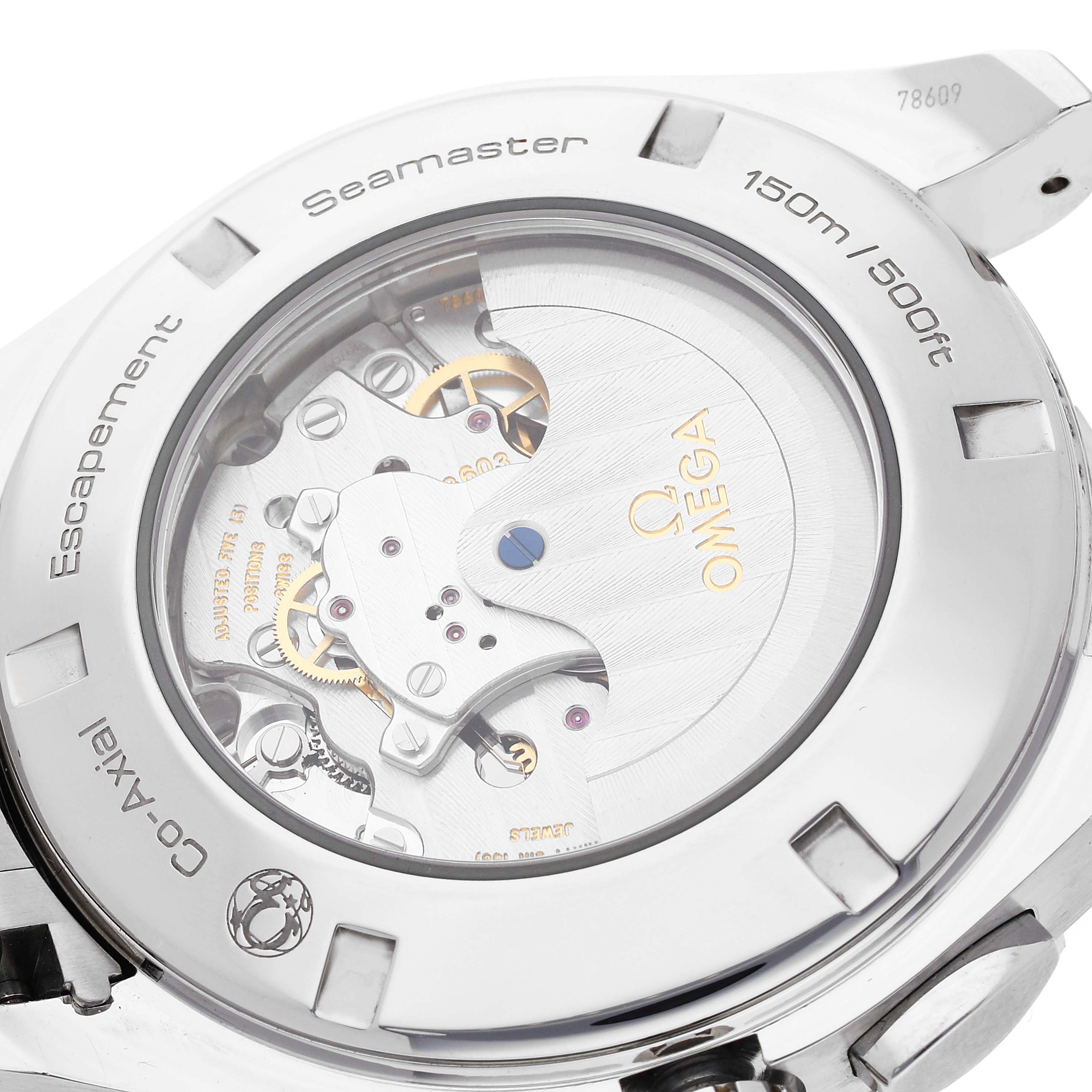 This is the back view of the Omega Aqua Terra 231.10.44.52.06.001 Men's Stainless Steel Black Dial 231.10.44.52.06.001 Men's Stainless Steel Black Dial watch, showcasing its internal movement and engraved details.