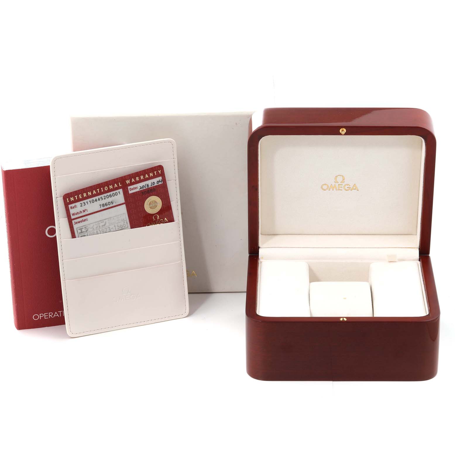 The image shows the Omega Aqua Terra 231.10.44.52.06.001 Men's Stainless Steel Black Dial 231.10.44.52.06.001 Men's Stainless Steel Black Dial model's box, warranty card, and user manual from a front angle.