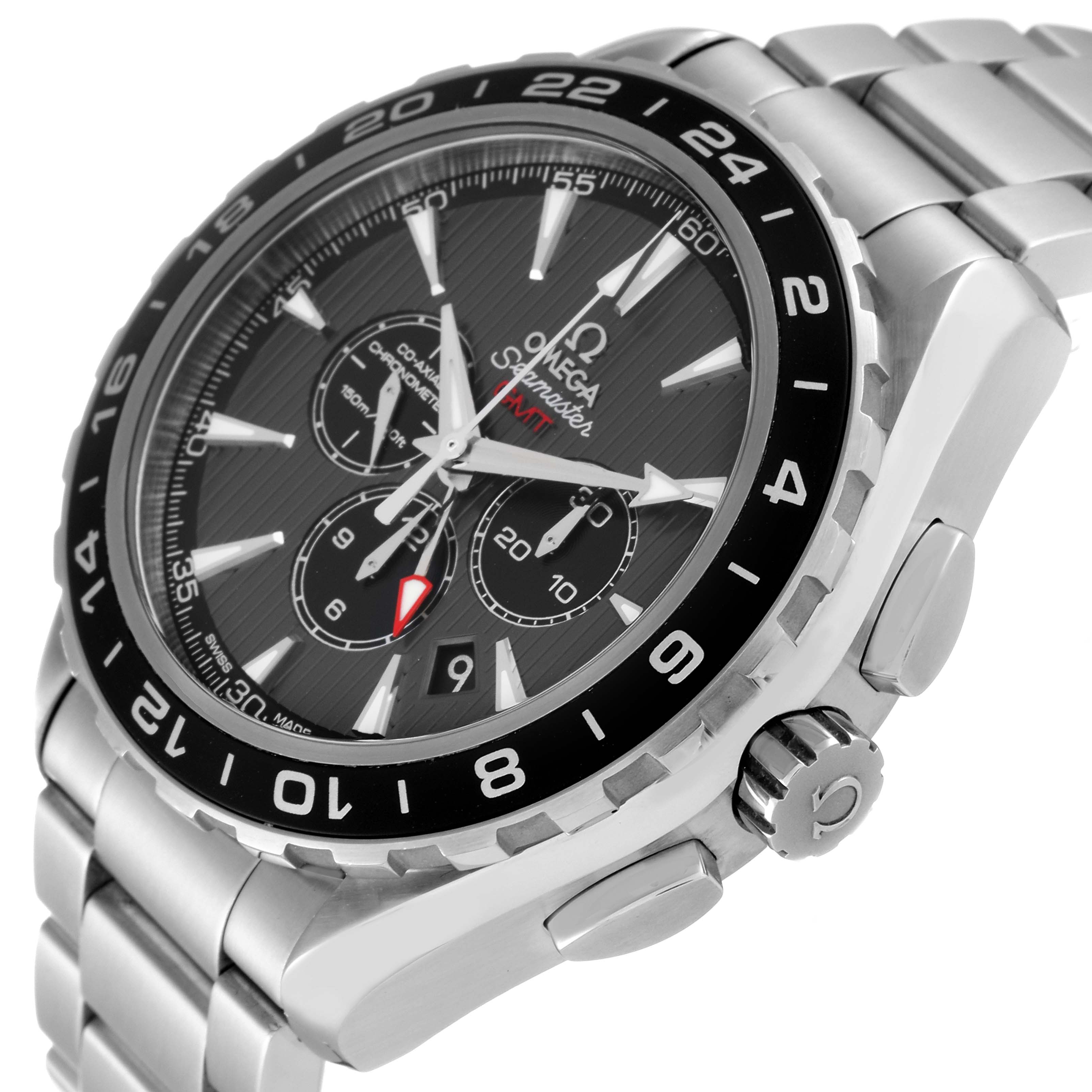 The image shows an angled view of the Omega Aqua Terra 231.10.44.52.06.001 Men's Stainless Steel Black Dial 231.10.44.52.06.001 Men's Stainless Steel Black Dial watch, highlighting the bezel, dial, and stainless steel bracelet.