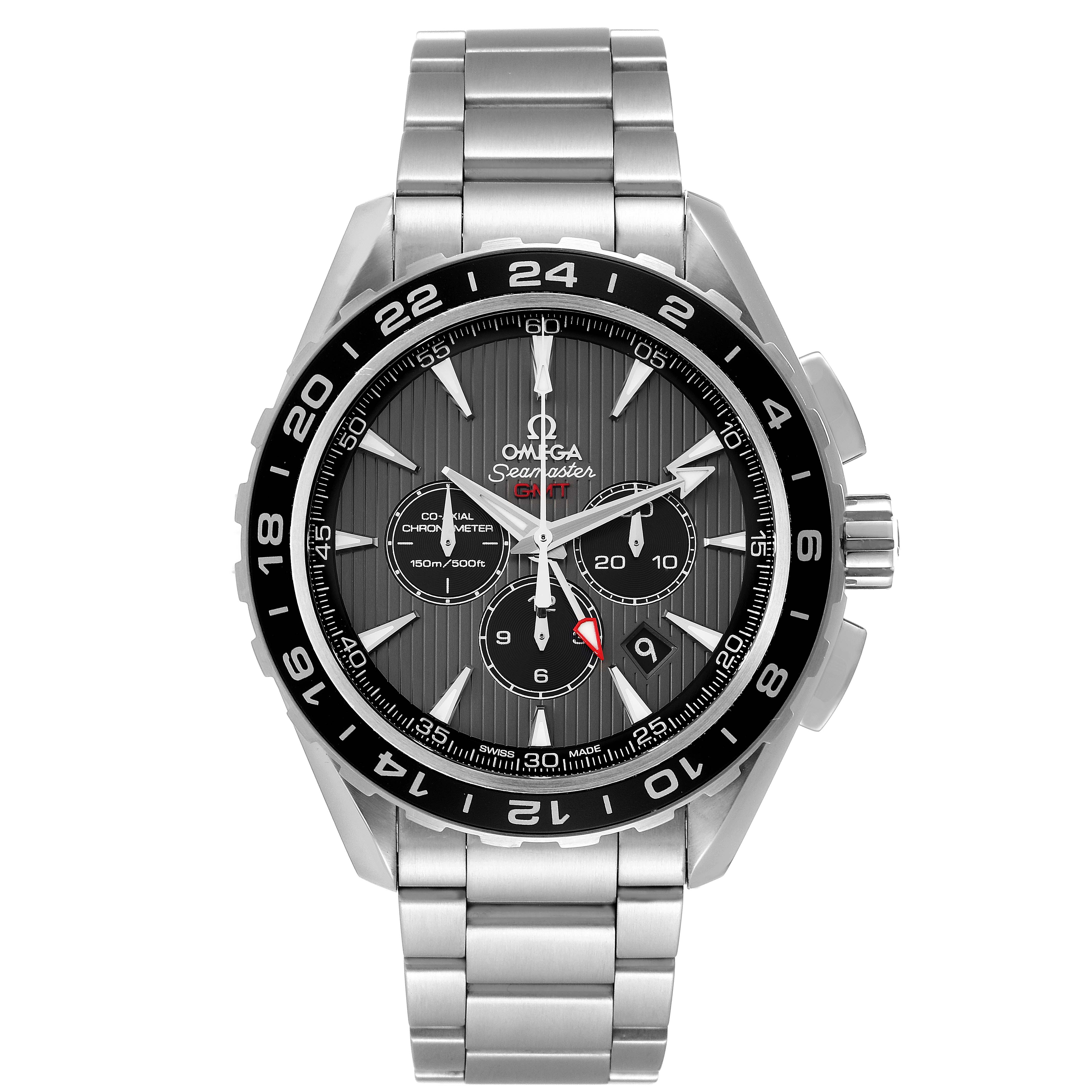 The image shows a frontal view of the Omega Aqua Terra 231.10.44.52.06.001 Men's Stainless Steel Black Dial 231.10.44.52.06.001 Men's Stainless Steel Black Dial watch, highlighting the face and metal bracelet.