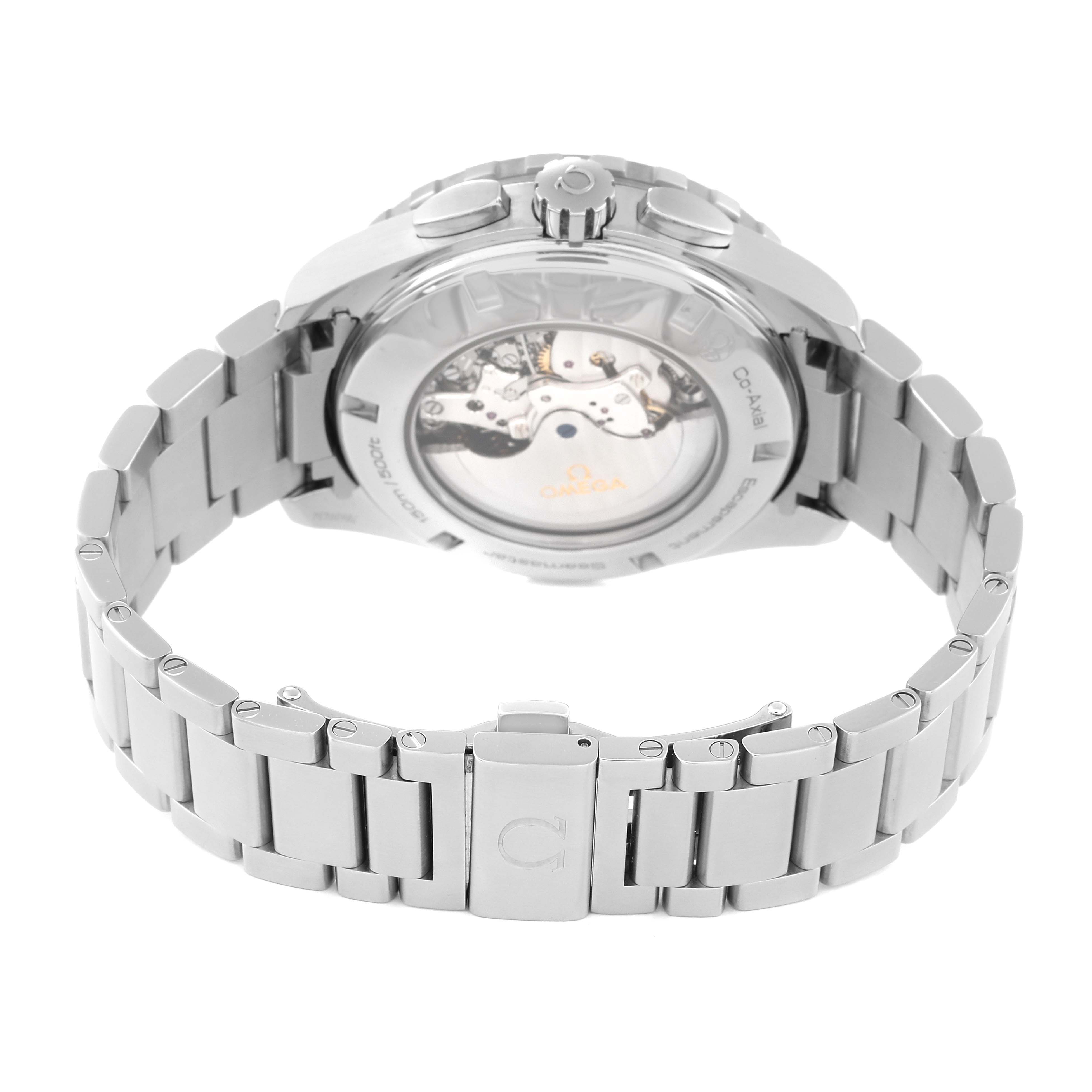 This angle shows the back case and bracelet of the Omega Aqua Terra 231.10.44.52.06.001 Men's Stainless Steel Black Dial 231.10.44.52.06.001 Men's Stainless Steel Black Dial model, highlighting its transparent case back.