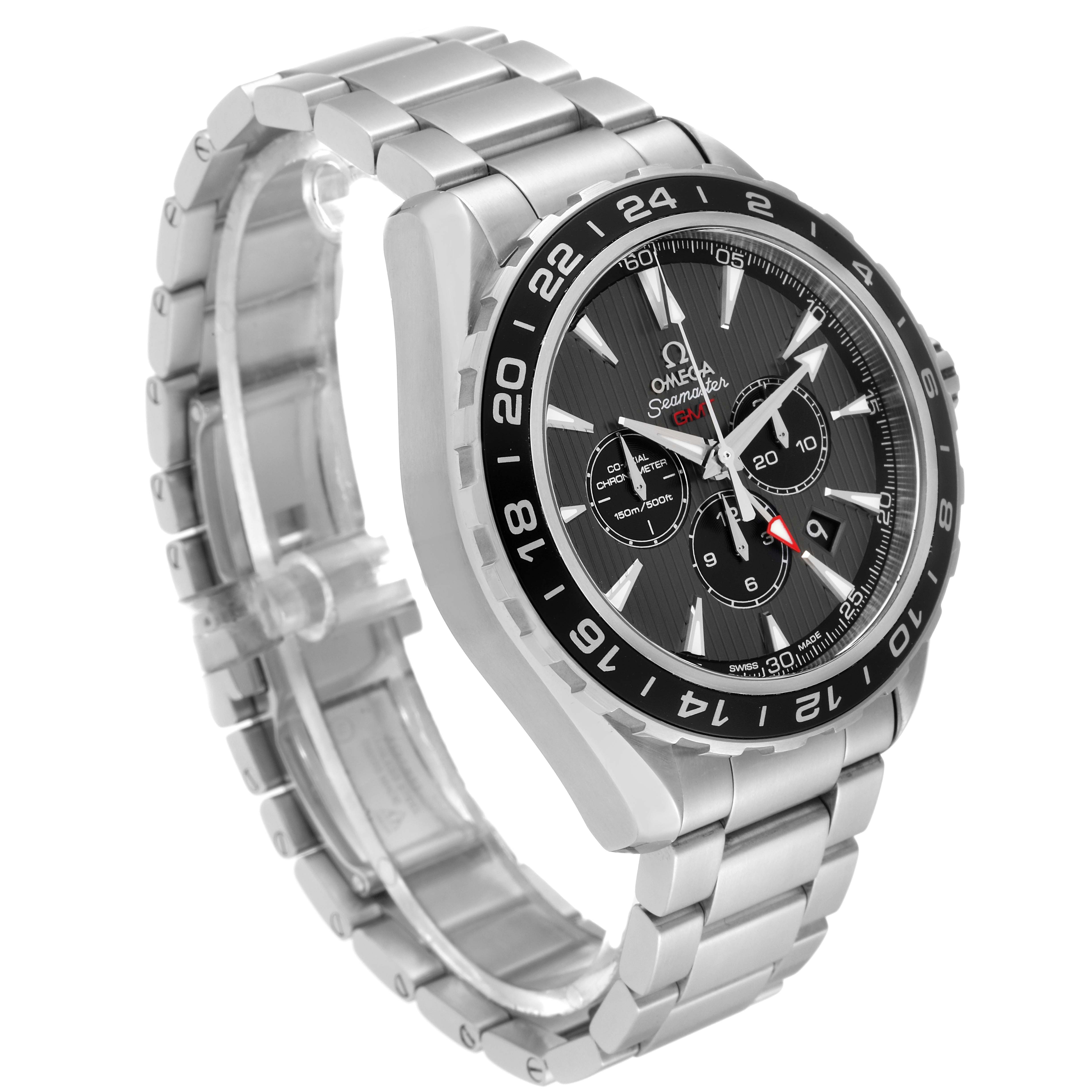 The image shows a side angle of an Omega Aqua Terra 231.10.44.52.06.001 Men's Stainless Steel Black Dial 231.10.44.52.06.001 Men's Stainless Steel Black Dial watch, highlighting its face, bezel, and metal bracelet.