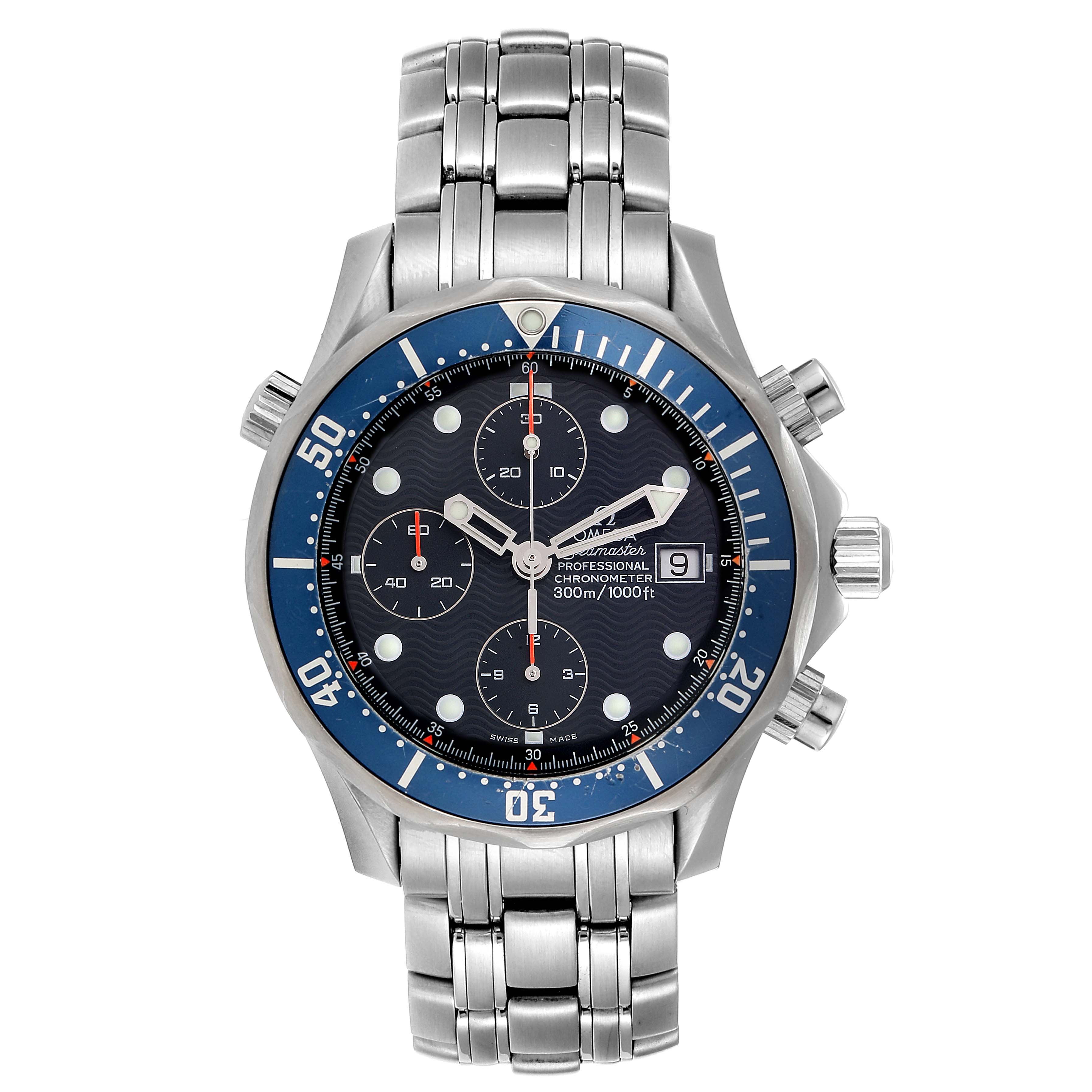 The image shows a front view of the Omega Seamaster 2599.80.00 Men
s Stainless Steel Blue Dial 2599.80.00 Men
s Stainless Steel Blue Dial watch, highlighting its face, dial, bezel, and bracelet.