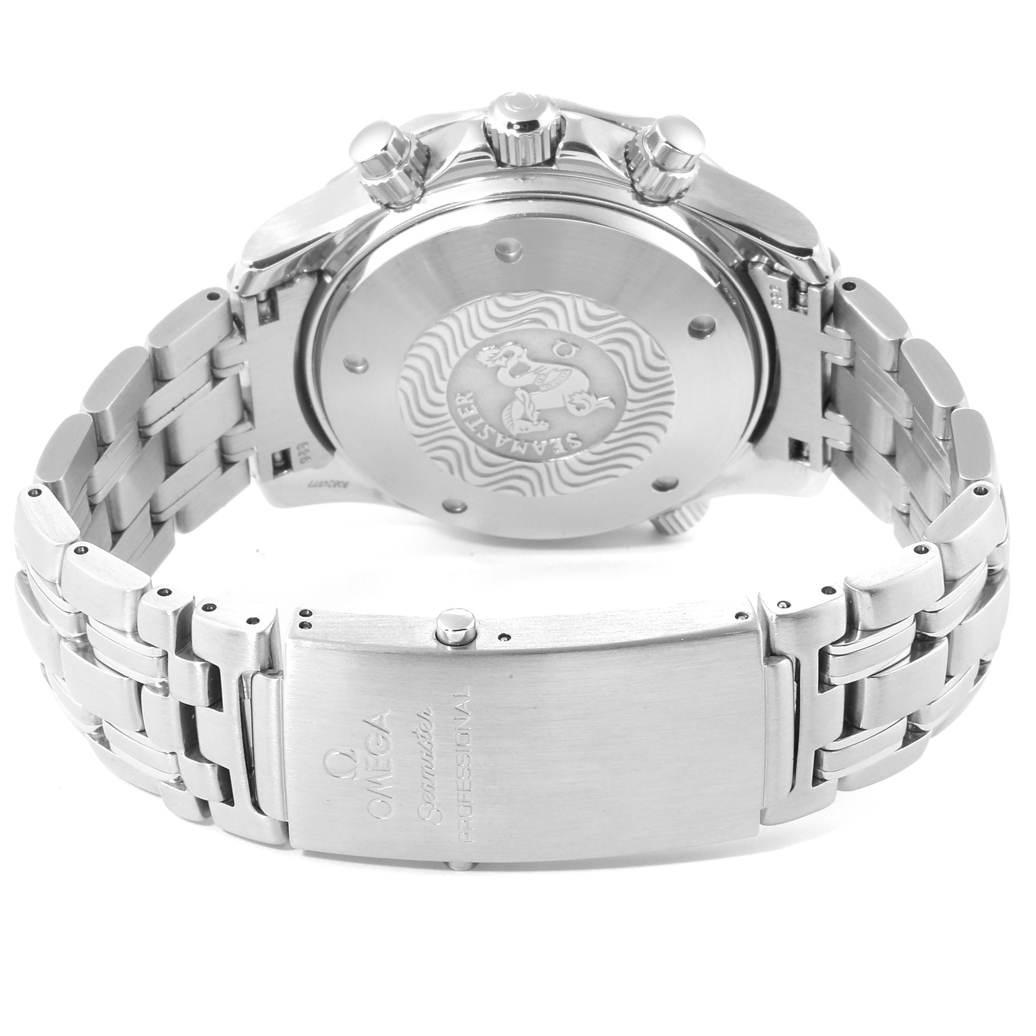 The image shows the back and clasp of an Omega Seamaster 2599.80.00 Men
s Stainless Steel Blue Dial 2599.80.00 Men
s Stainless Steel Blue Dial watch, highlighting the stainless steel bracelet and engraved case back.