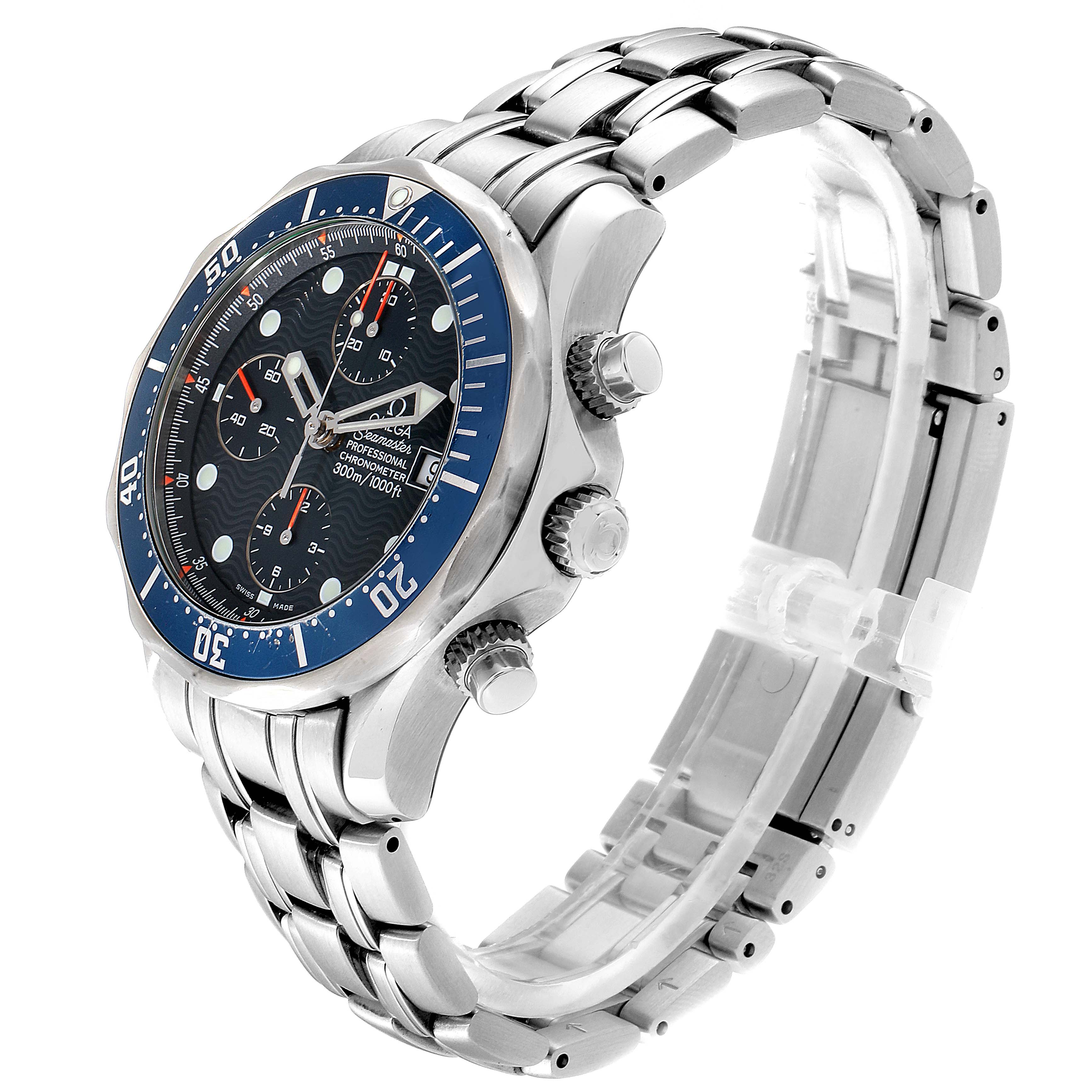 This Omega Seamaster 2599.80.00 Men
s Stainless Steel Blue Dial 2599.80.00 Men
s Stainless Steel Blue Dial watch is shown at a 3/4 angle, displaying the face, crown, pushers, and stainless steel bracelet.
