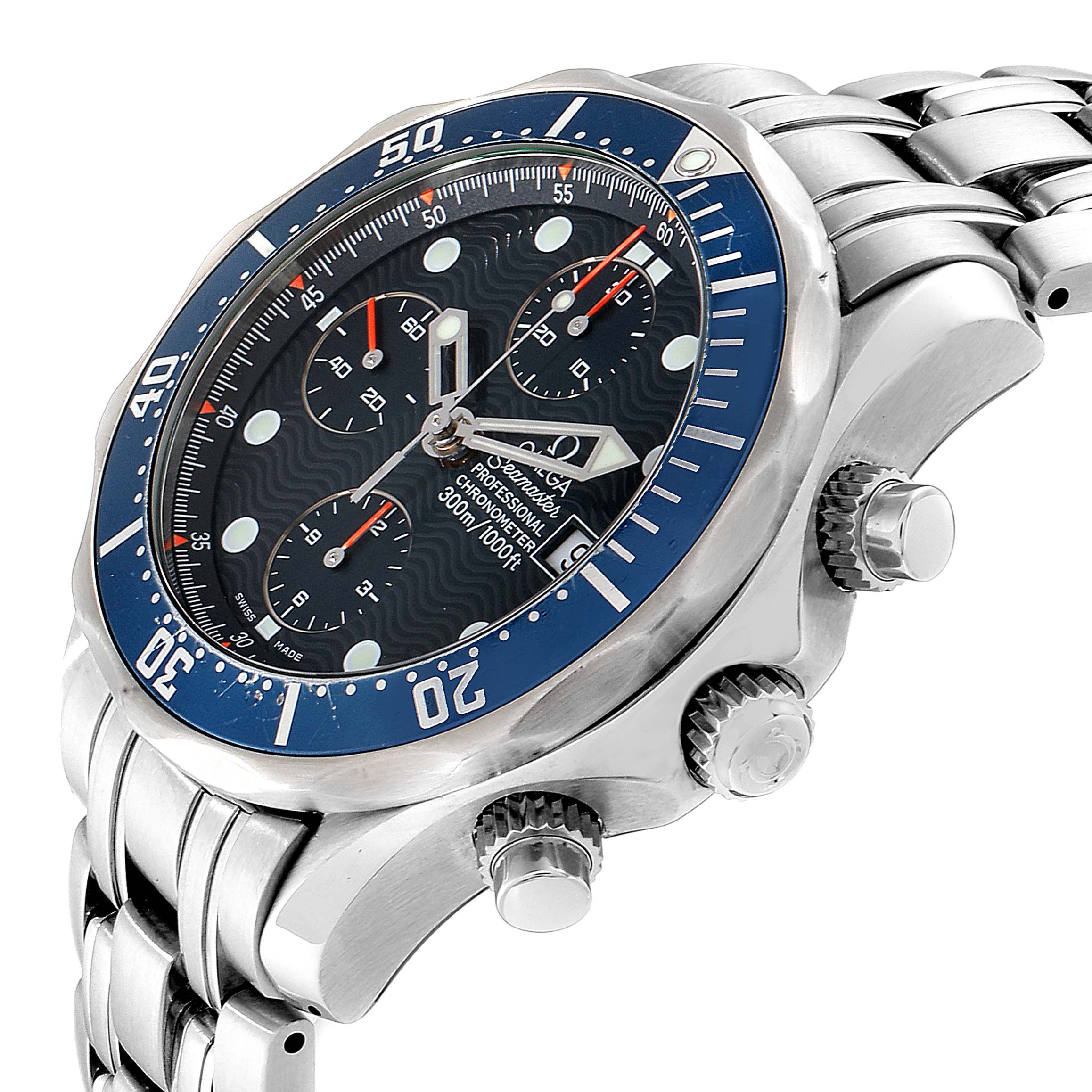 The Omega Seamaster 2599.80.00 Men
s Stainless Steel Blue Dial 2599.80.00 Men
s Stainless Steel Blue Dial watch is shown from an angled side view, displaying the face, bezel, and side crowns.