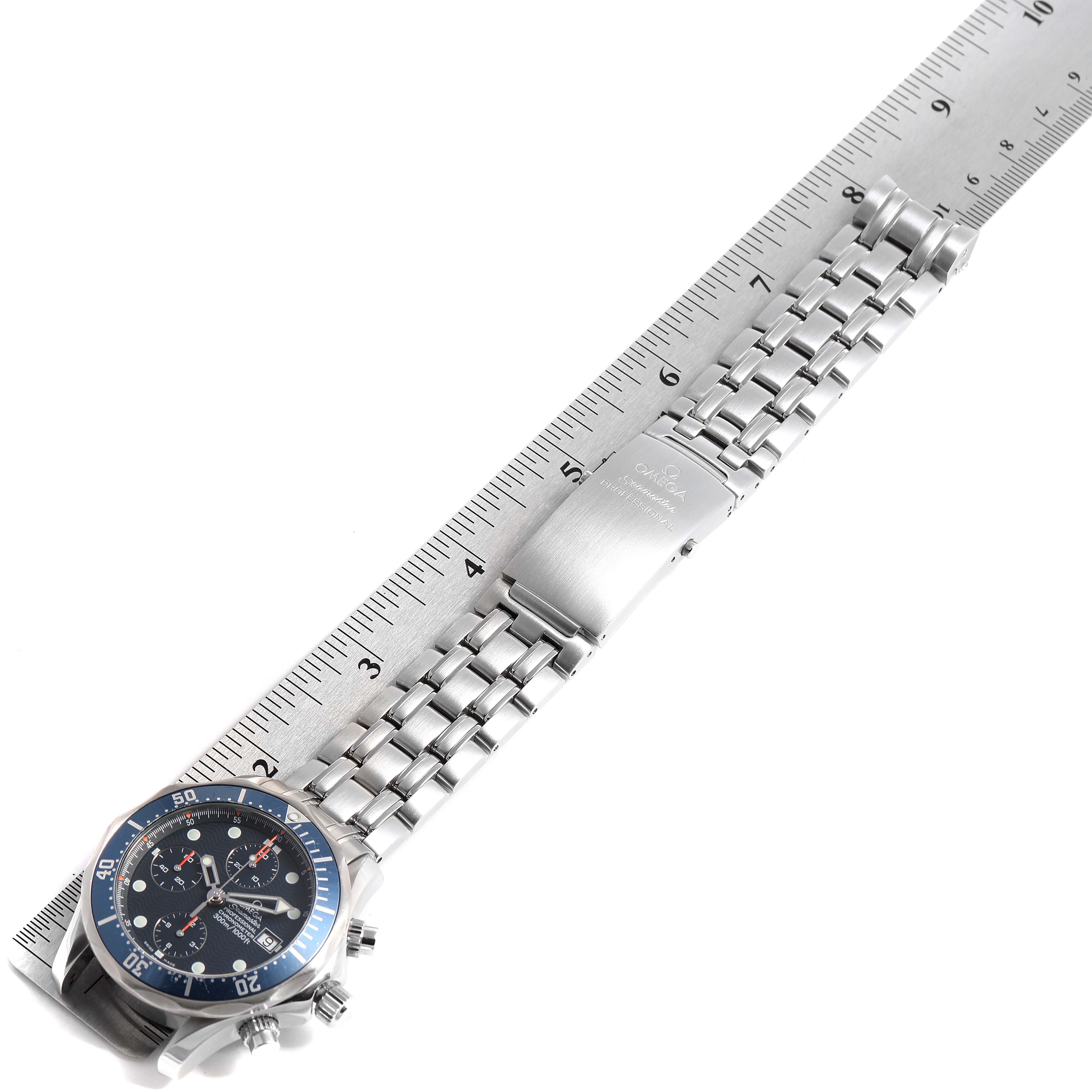 The Omega Seamaster 2599.80.00 Men
s Stainless Steel Blue Dial 2599.80.00 Men
s Stainless Steel Blue Dial watch is shown from above, displaying the face, stainless steel bracelet, and clasp with logo.