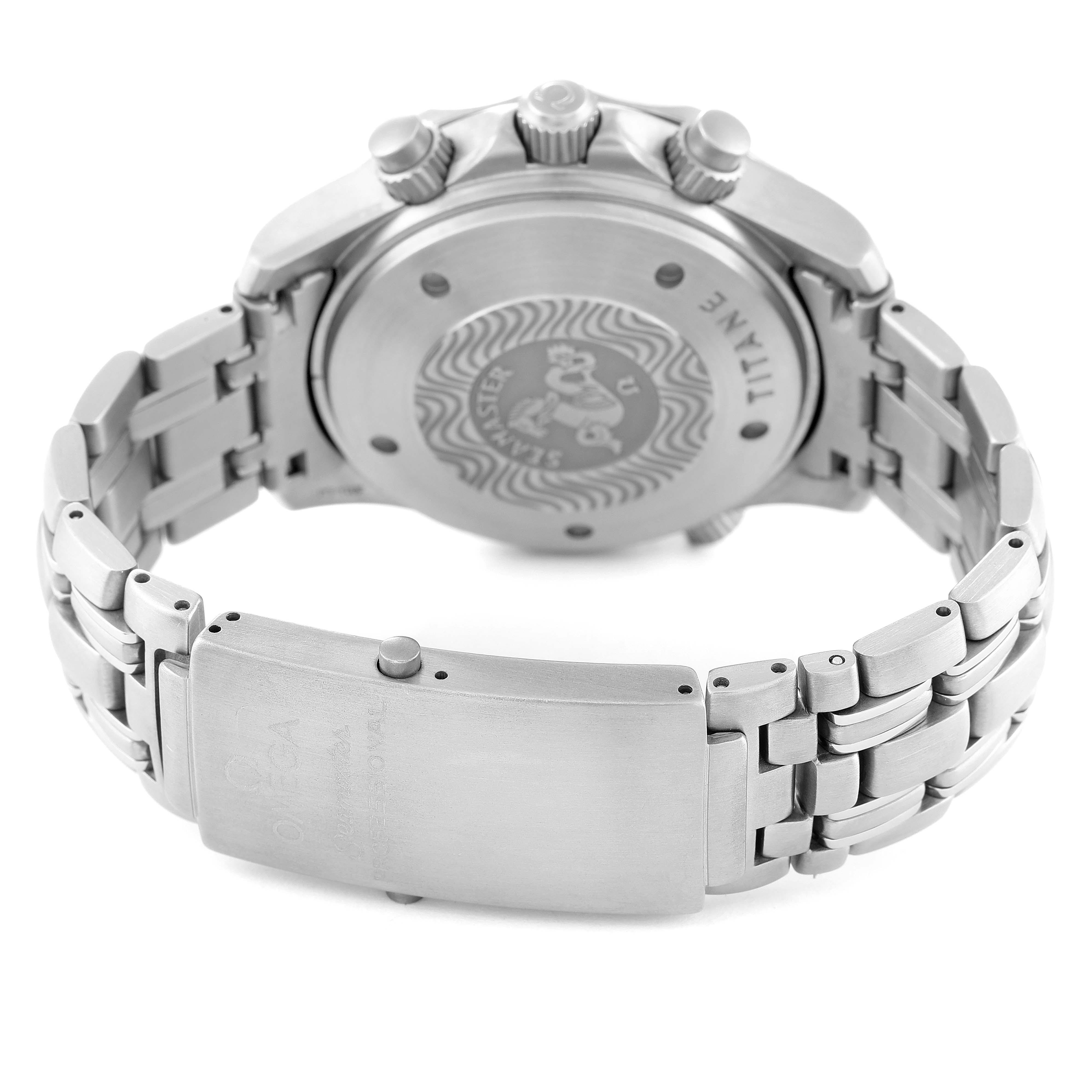 The image shows the back case and bracelet of an Omega Seamaster 2298.80.00 Men's Titanium Blue Dial 2298.80.00 Men's Titanium Blue Dial watch, viewed from the rear angle.