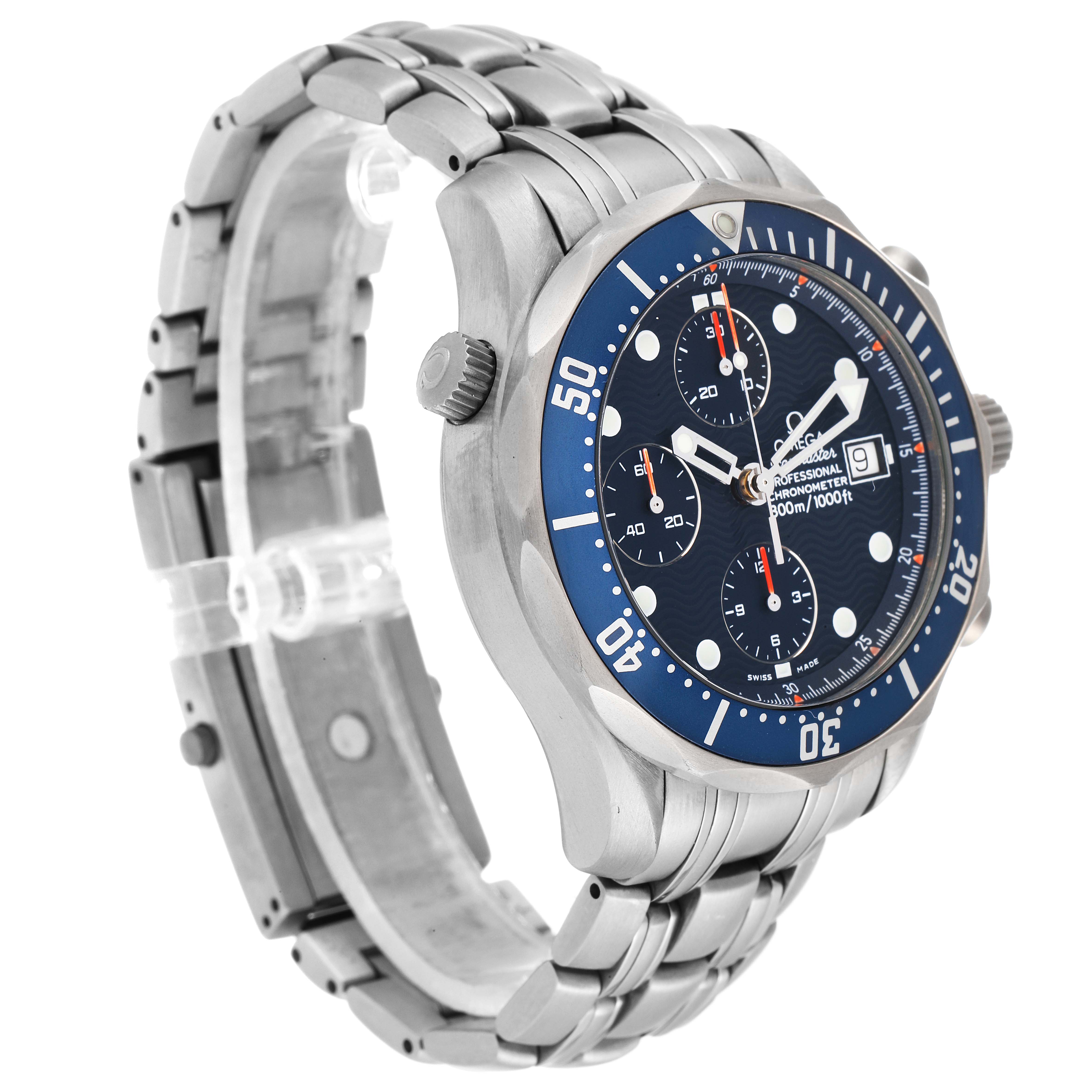 The Omega Seamaster 2298.80.00 Men's Titanium Blue Dial 2298.80.00 Men's Titanium Blue Dial watch is shown from a slightly angled side view, displaying the face, bezel, crown, and part of the bracelet.