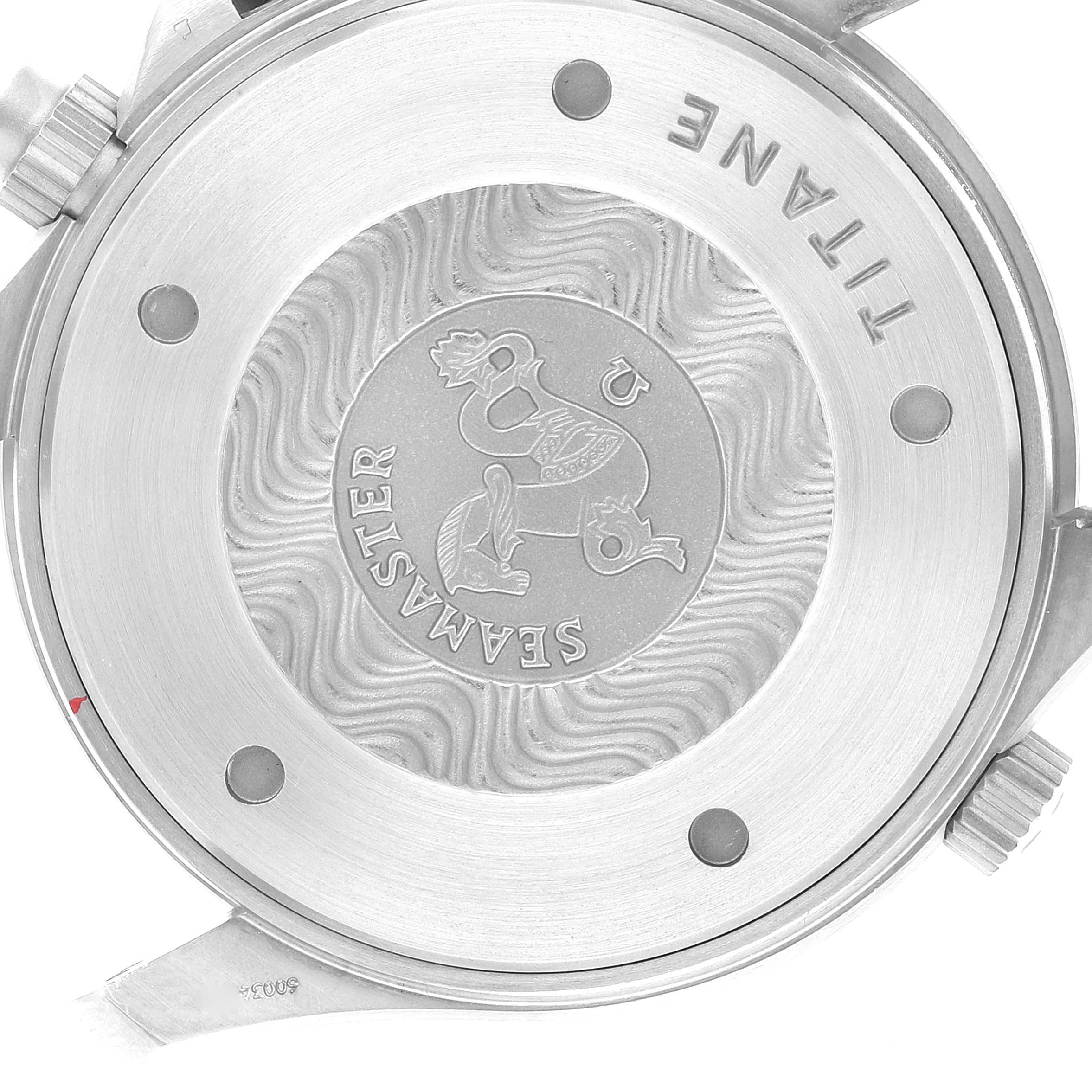 The image shows the titanium case back of an Omega Seamaster 2298.80.00 Men's Titanium Blue Dial 2298.80.00 Men's Titanium Blue Dial watch, featuring the embossed Seamaster logo.