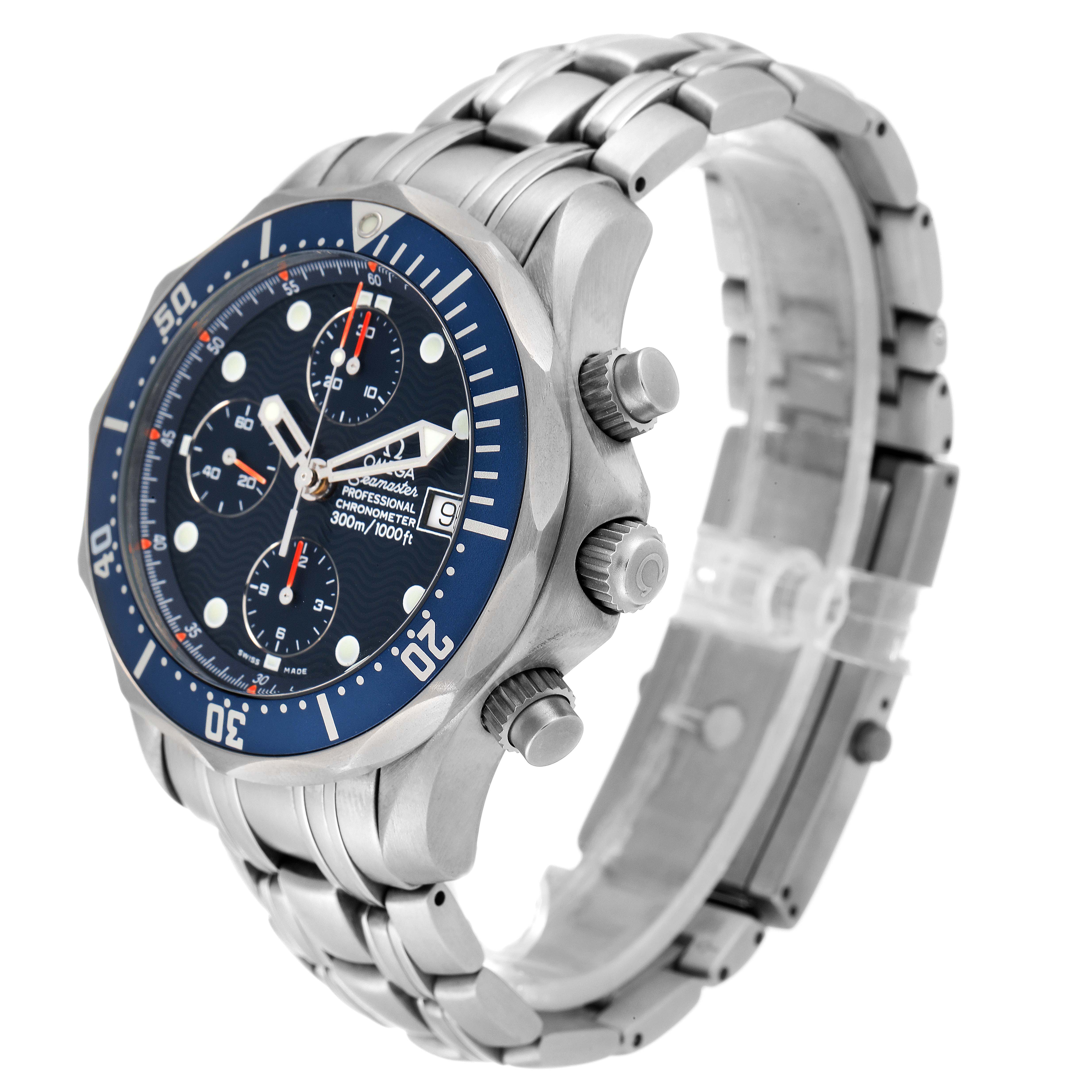 The Omega Seamaster 2298.80.00 Men's Titanium Blue Dial 2298.80.00 Men's Titanium Blue Dial watch is shown in a three-quarter angle, displaying the dial, crown, and chronograph pushers.
