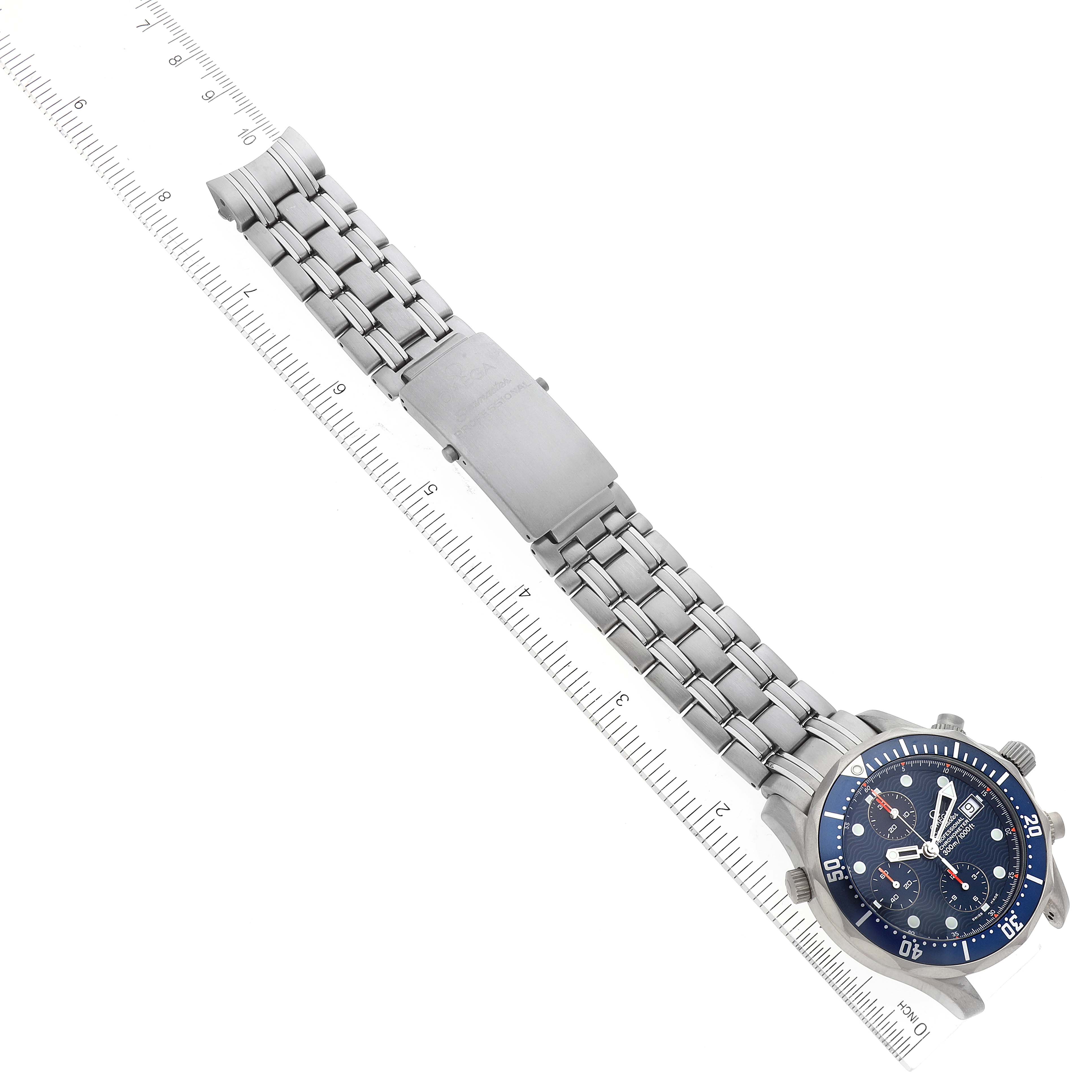 The image shows an Omega Seamaster 2298.80.00 Men's Titanium Blue Dial 2298.80.00 Men's Titanium Blue Dial watch with a steel bracelet and clasp, viewed from the front at an angle.