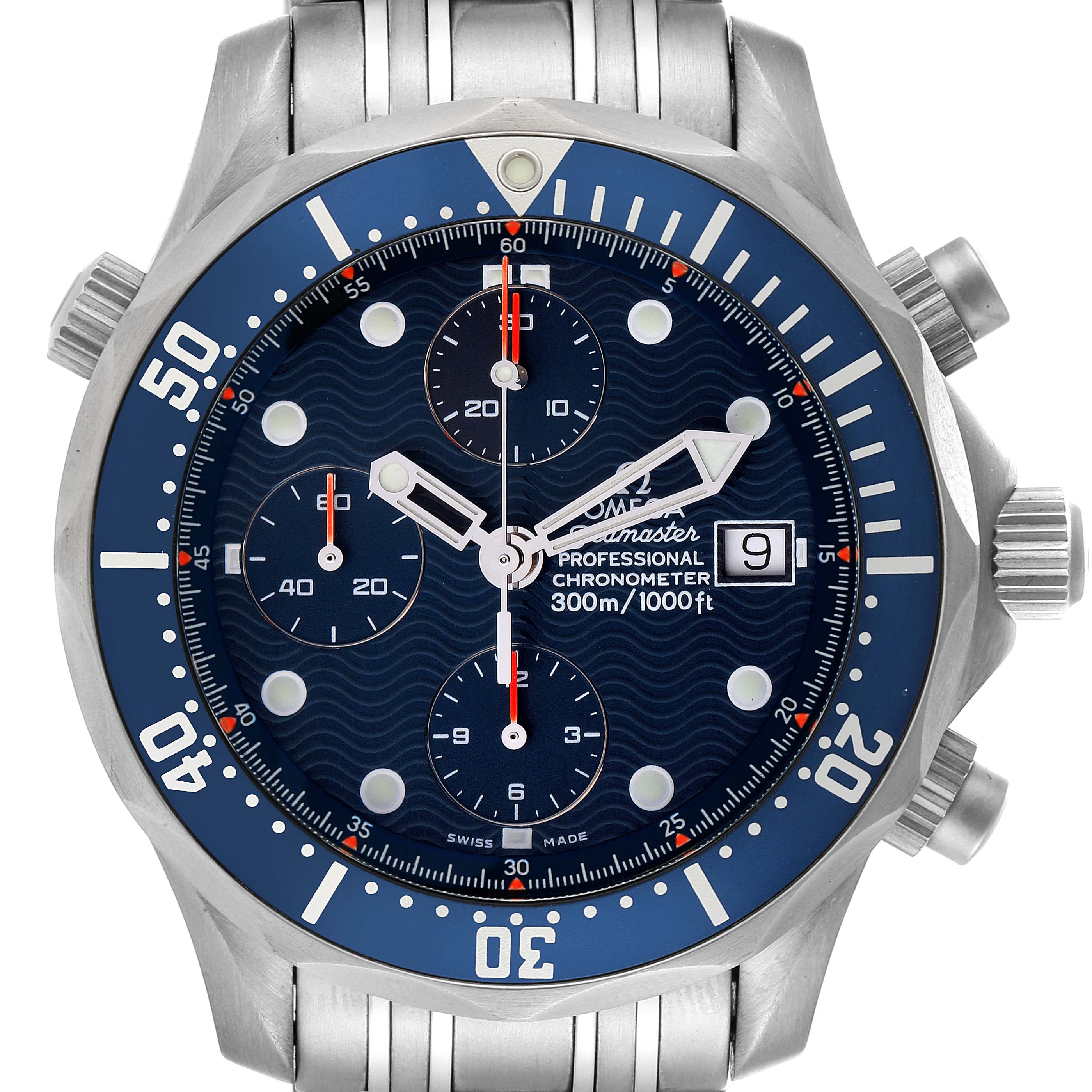 The image displays the front view of the Omega Seamaster 2298.80.00 Men's Titanium Blue Dial 2298.80.00 Men's Titanium Blue Dial watch, showing the dial, bezel, chronograph subdials, and date window.