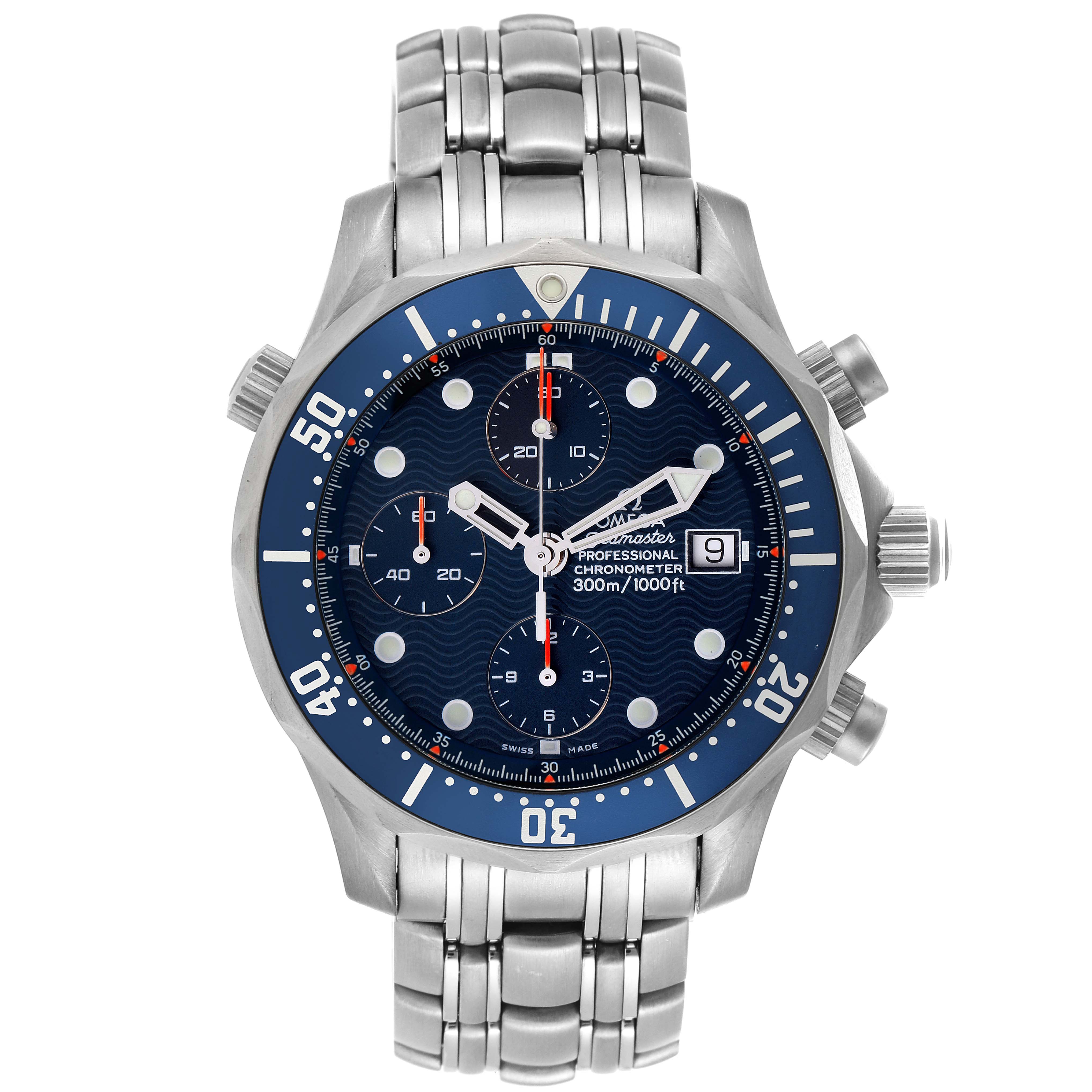 The Omega Seamaster 2298.80.00 Men's Titanium Blue Dial 2298.80.00 Men's Titanium Blue Dial watch is shown from a front angle, featuring a blue dial, chronograph subdials, and a stainless steel bracelet.