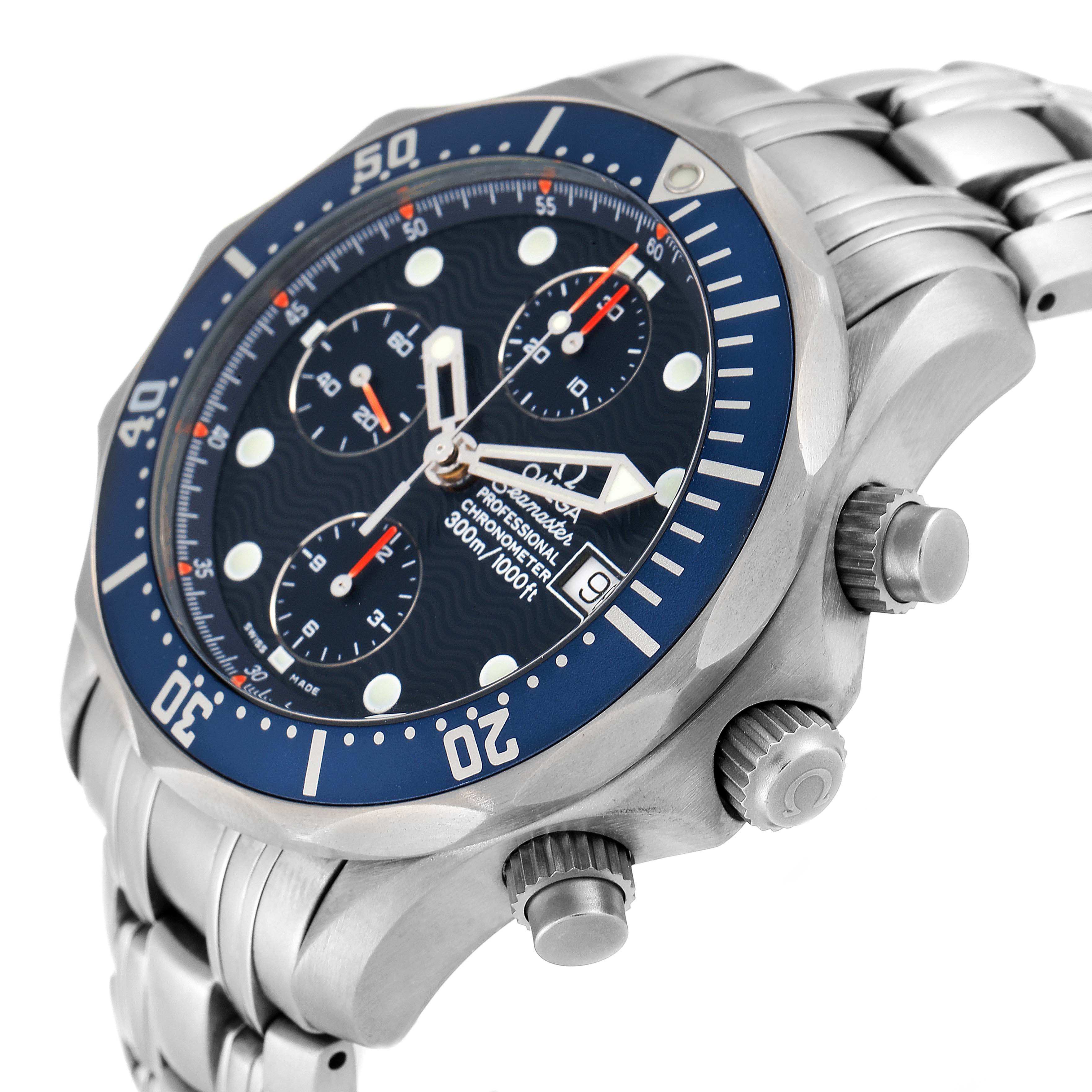 The image shows a side angle of the Omega Seamaster 2298.80.00 Men's Titanium Blue Dial 2298.80.00 Men's Titanium Blue Dial watch, highlighting the bezel, dial, and chronograph pushers.