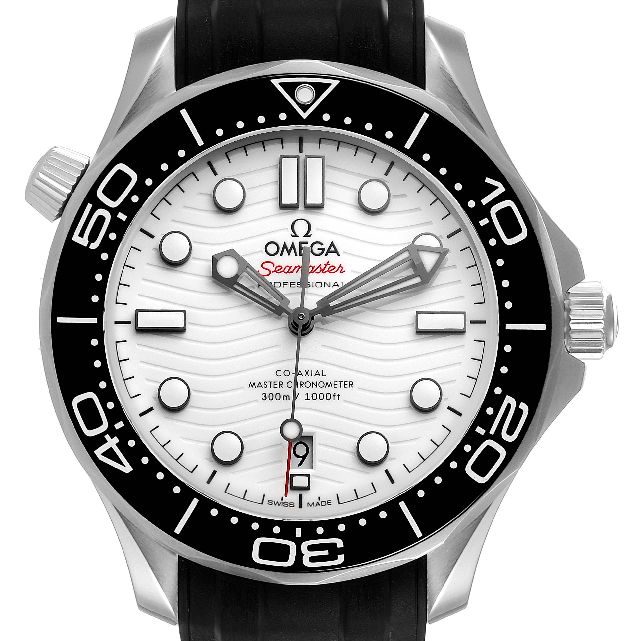 The Omega Seamaster 210.32.42.20.04.001 Men's Stainless Steel White Dial 210.32.42.20.04.001 Men's Stainless Steel White Dial watch is shown from a front angle, highlighting the dial, bezel, and crown.