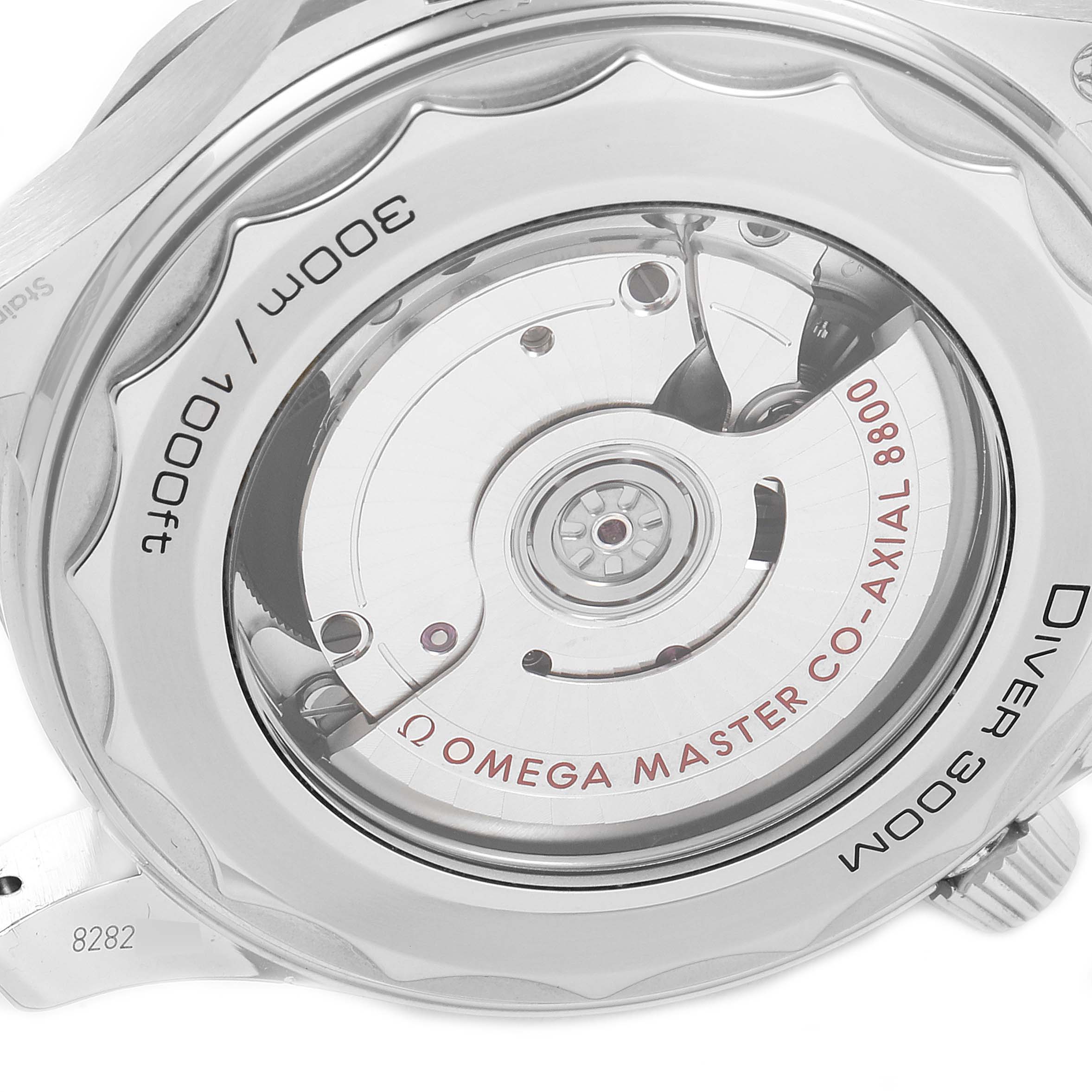 This image shows the back view of the Omega Seamaster 210.32.42.20.04.001 Men's Stainless Steel White Dial 210.32.42.20.04.001 Men's Stainless Steel White Dial model, highlighting the visible movement and water resistance engraving.