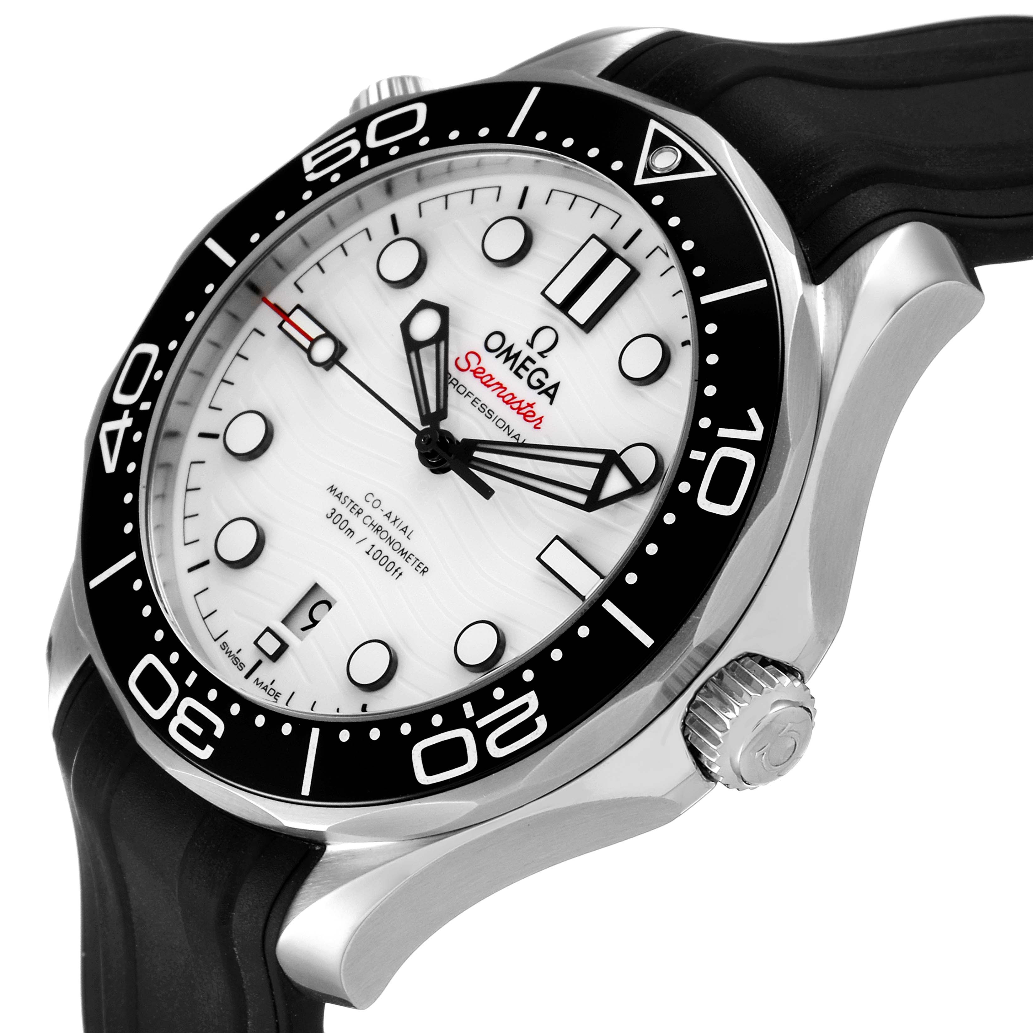 The image shows an angled view of an Omega Seamaster 210.32.42.20.04.001 Men's Stainless Steel White Dial 210.32.42.20.04.001 Men's Stainless Steel White Dial watch, highlighting its dial, bezel, crown, and strap.