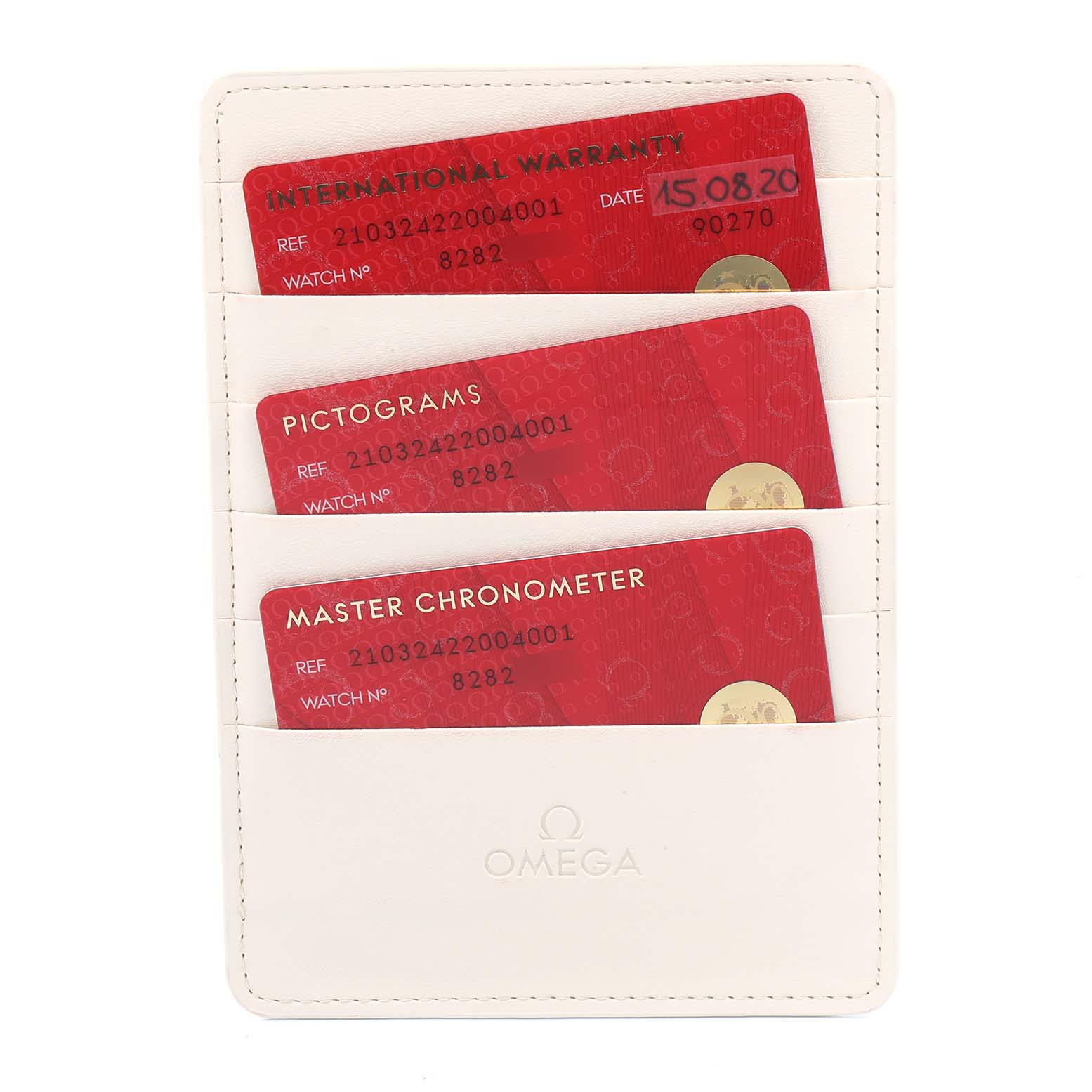 The image shows three Omega Seamaster 210.32.42.20.04.001 Men's Stainless Steel White Dial 210.32.42.20.04.001 Men's Stainless Steel White Dial warranty and certification cards in a white cardholder.