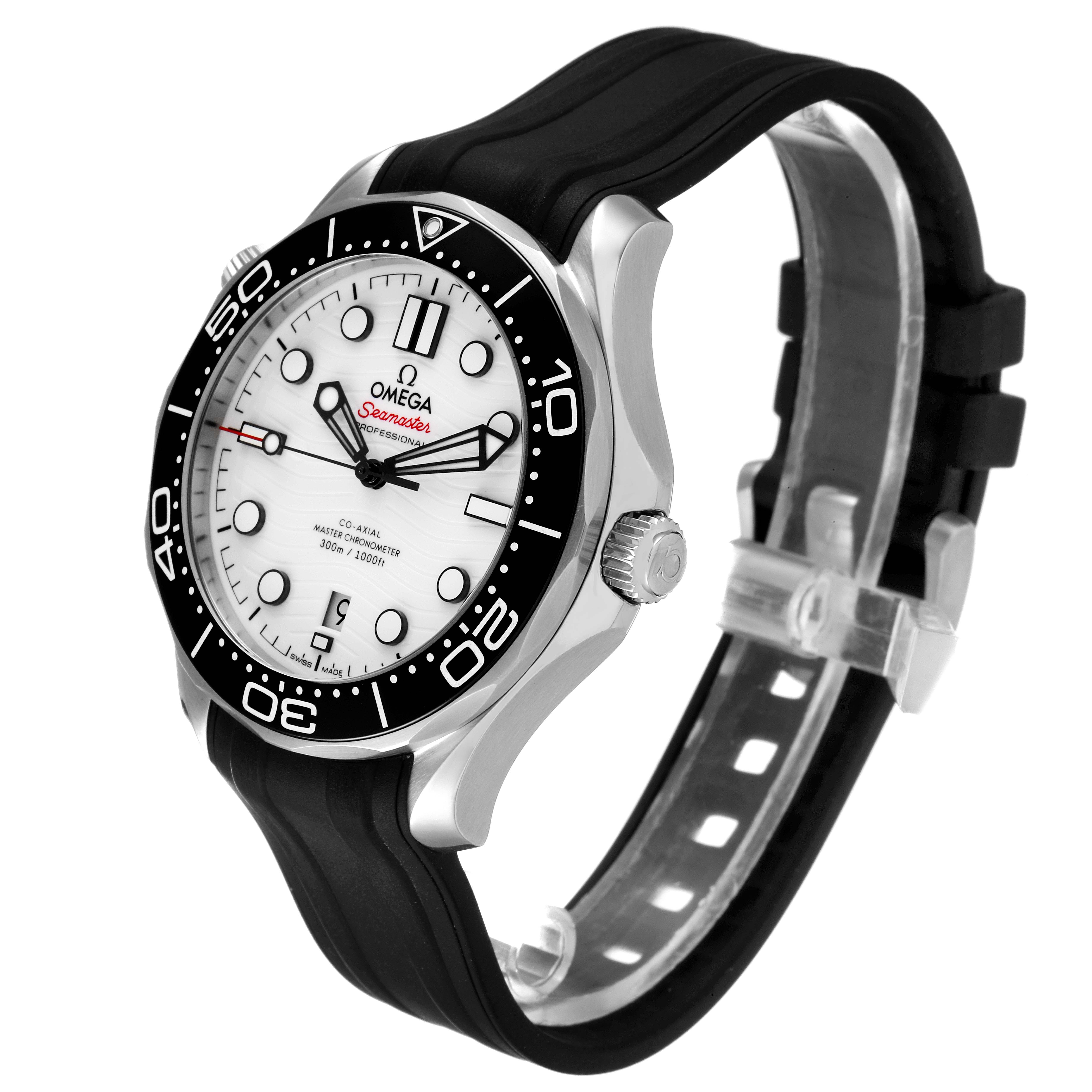 The Omega Seamaster 210.32.42.20.04.001 Men's Stainless Steel White Dial 210.32.42.20.04.001 Men's Stainless Steel White Dial watch is shown at an angle highlighting its face, bezel, crown, and rubber strap.