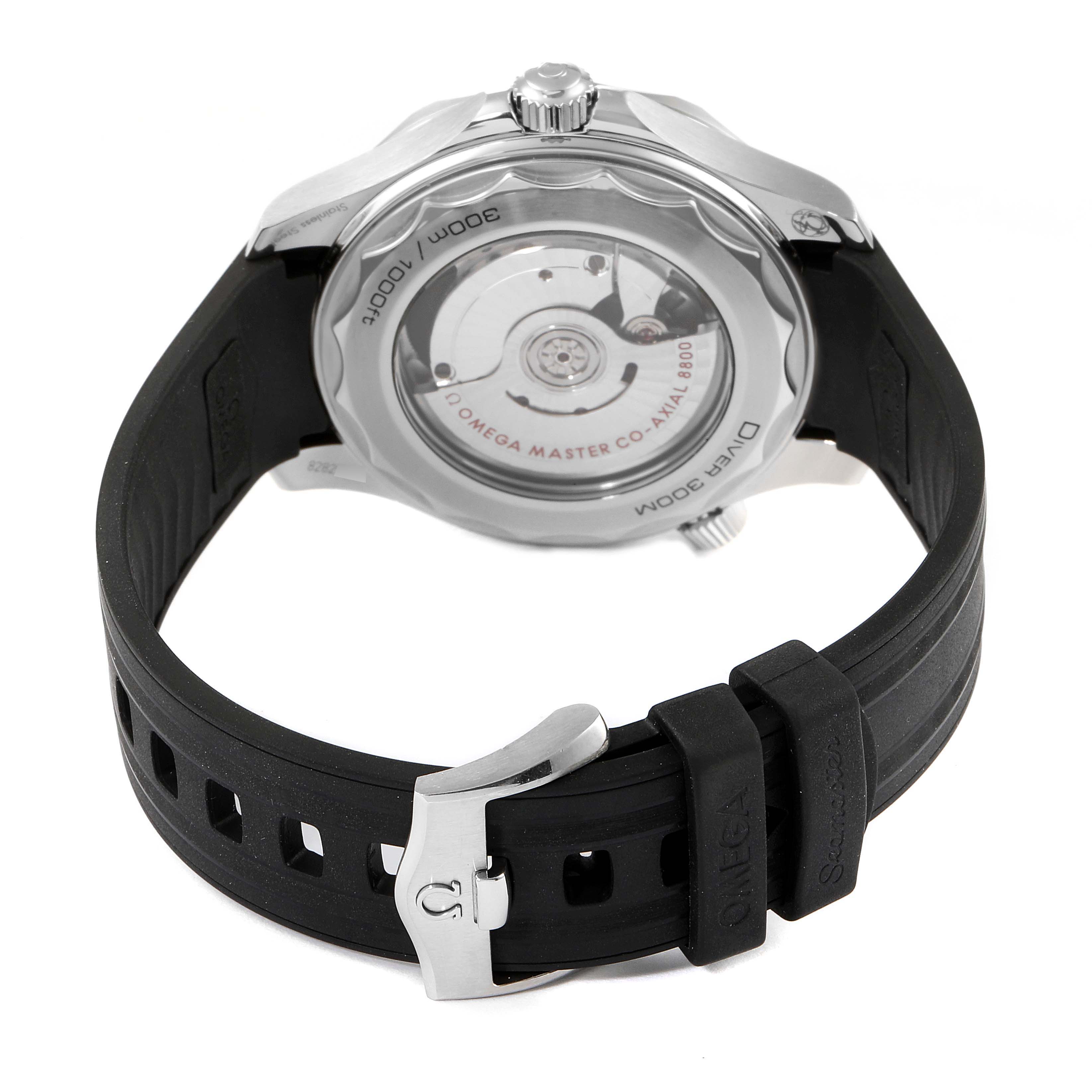 The image shows the back view of the Omega Seamaster 210.32.42.20.04.001 Men's Stainless Steel White Dial 210.32.42.20.04.001 Men's Stainless Steel White Dial watch, highlighting the transparent case back and black rubber strap with a clasp.