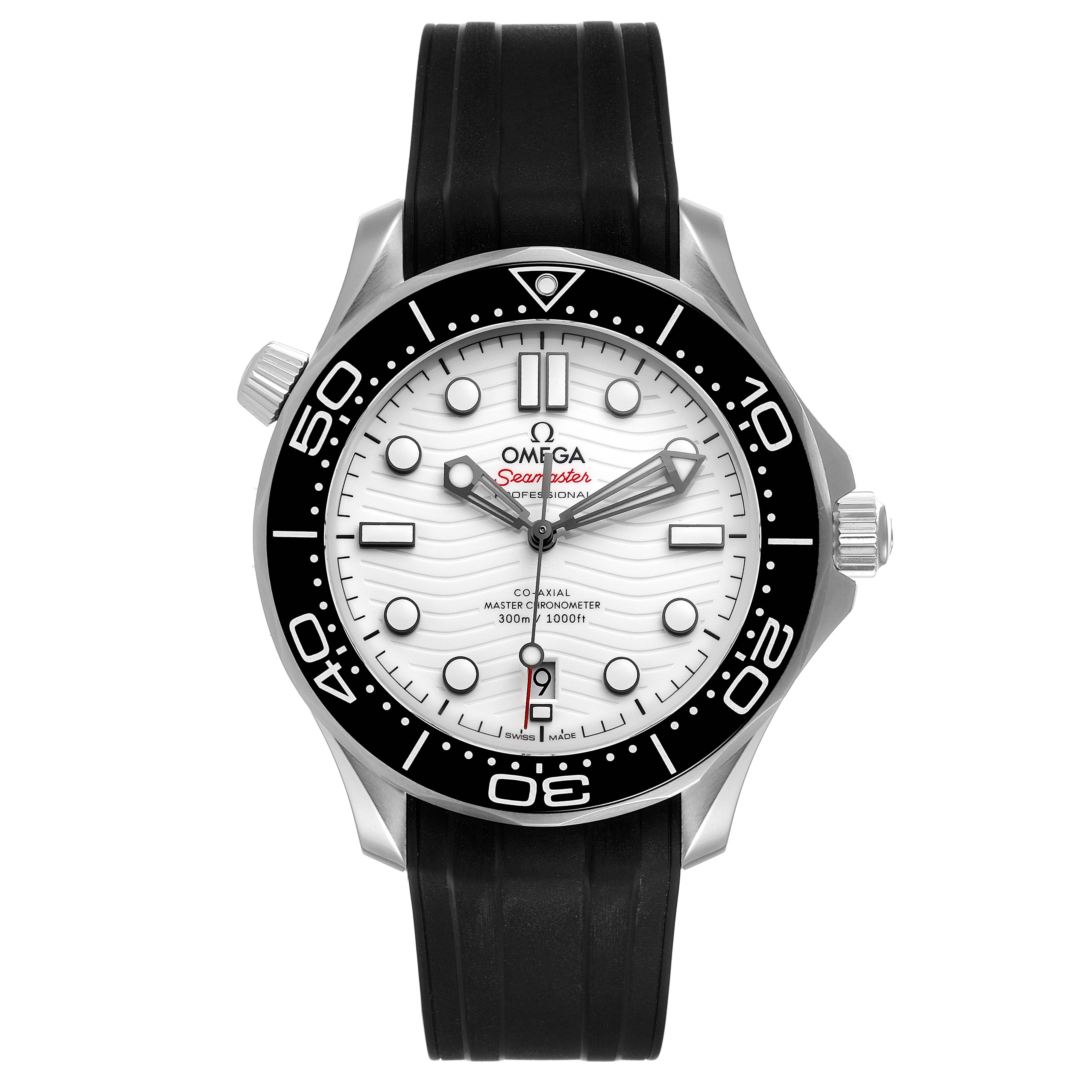 The image shows a front view of the Omega Seamaster 210.32.42.20.04.001 Men's Stainless Steel White Dial 210.32.42.20.04.001 Men's Stainless Steel White Dial watch, highlighting its black bezel, white dial, and black rubber strap.