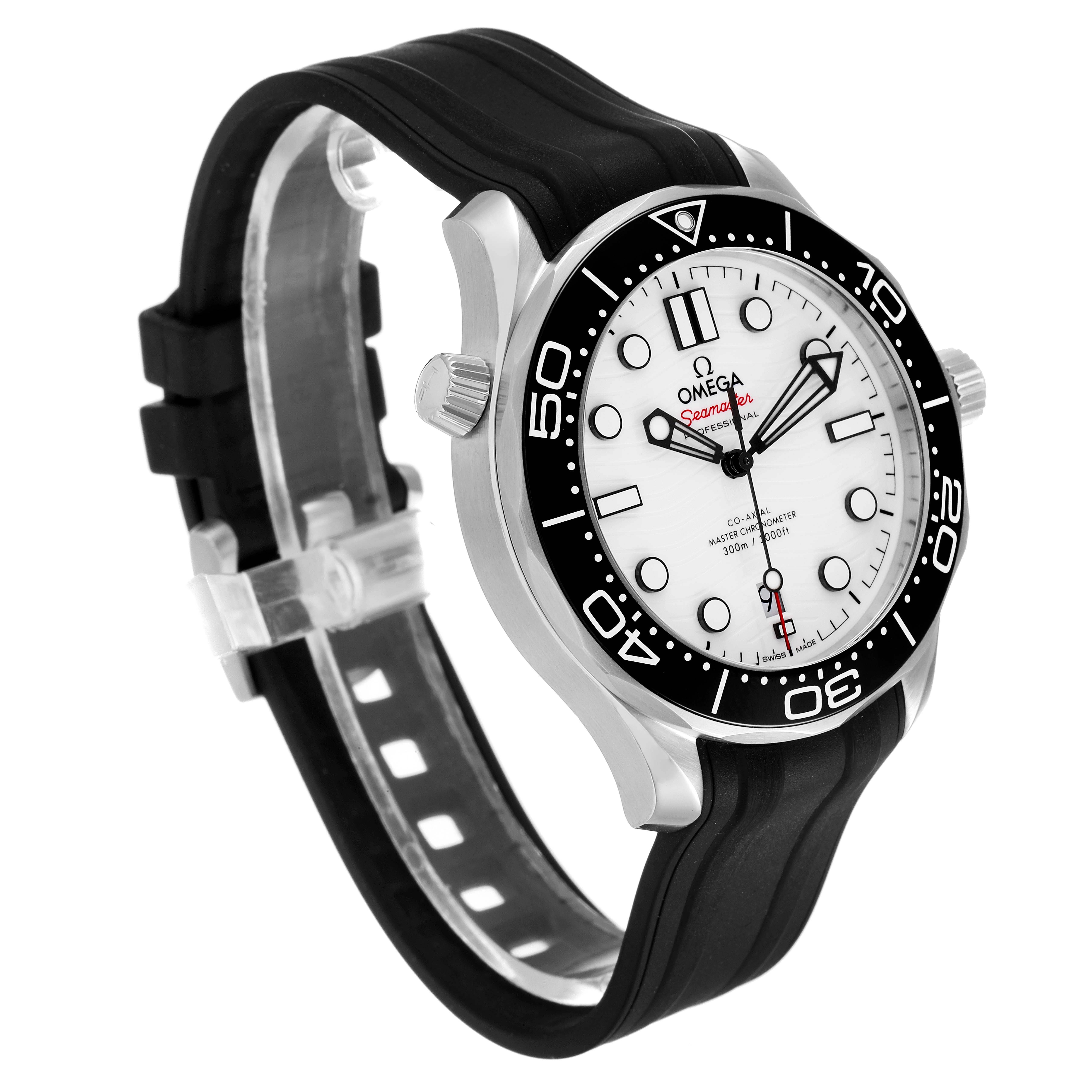 The image shows a side angle of the Omega Seamaster 210.32.42.20.04.001 Men's Stainless Steel White Dial 210.32.42.20.04.001 Men's Stainless Steel White Dial watch, highlighting its dial, bezel, crown, and black rubber strap.