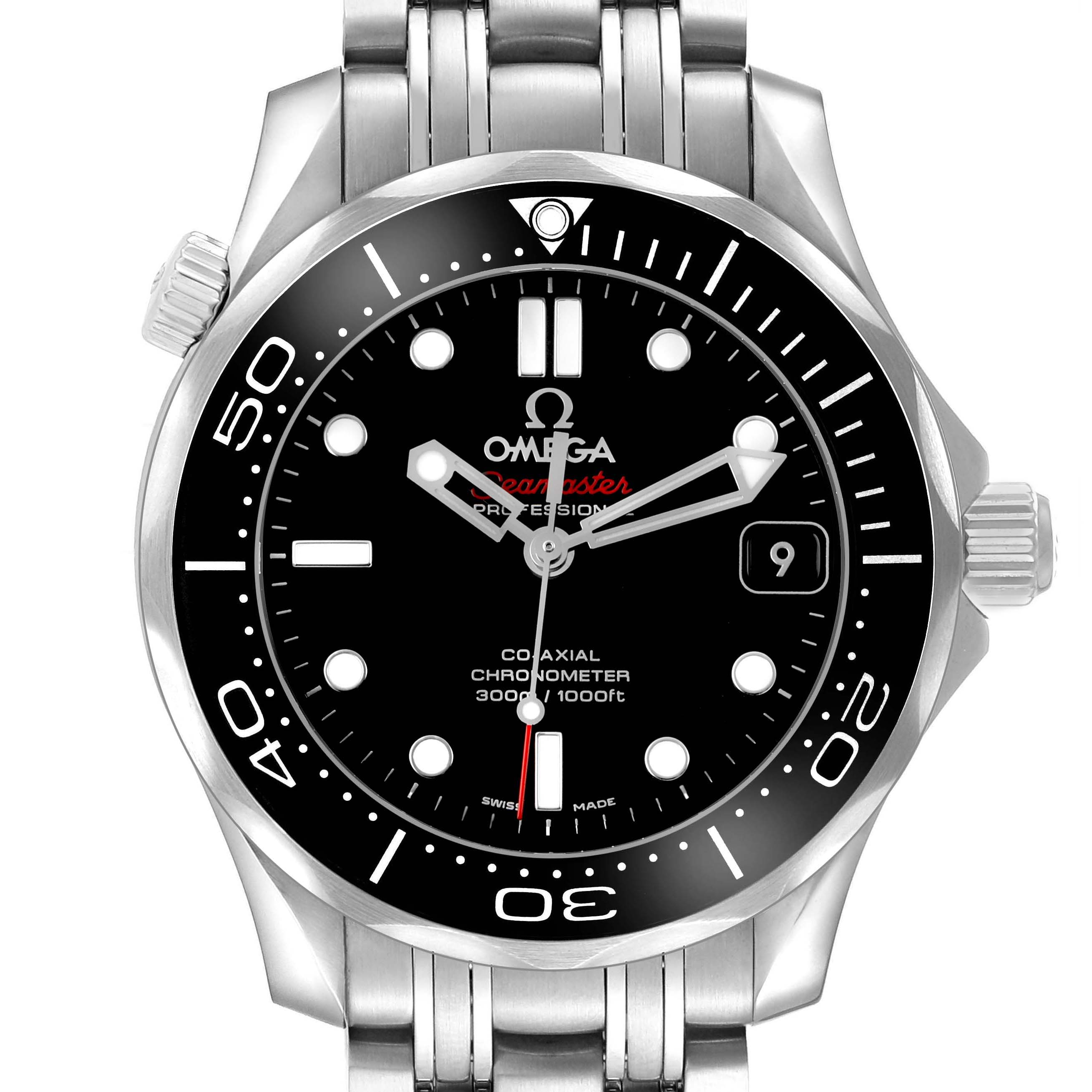 The Omega Seamaster 212.30.36.20.01.002 Men's Stainless Steel Black Dial watch is shown from the front, displaying the dial, bezel, crown, and bracelet.
