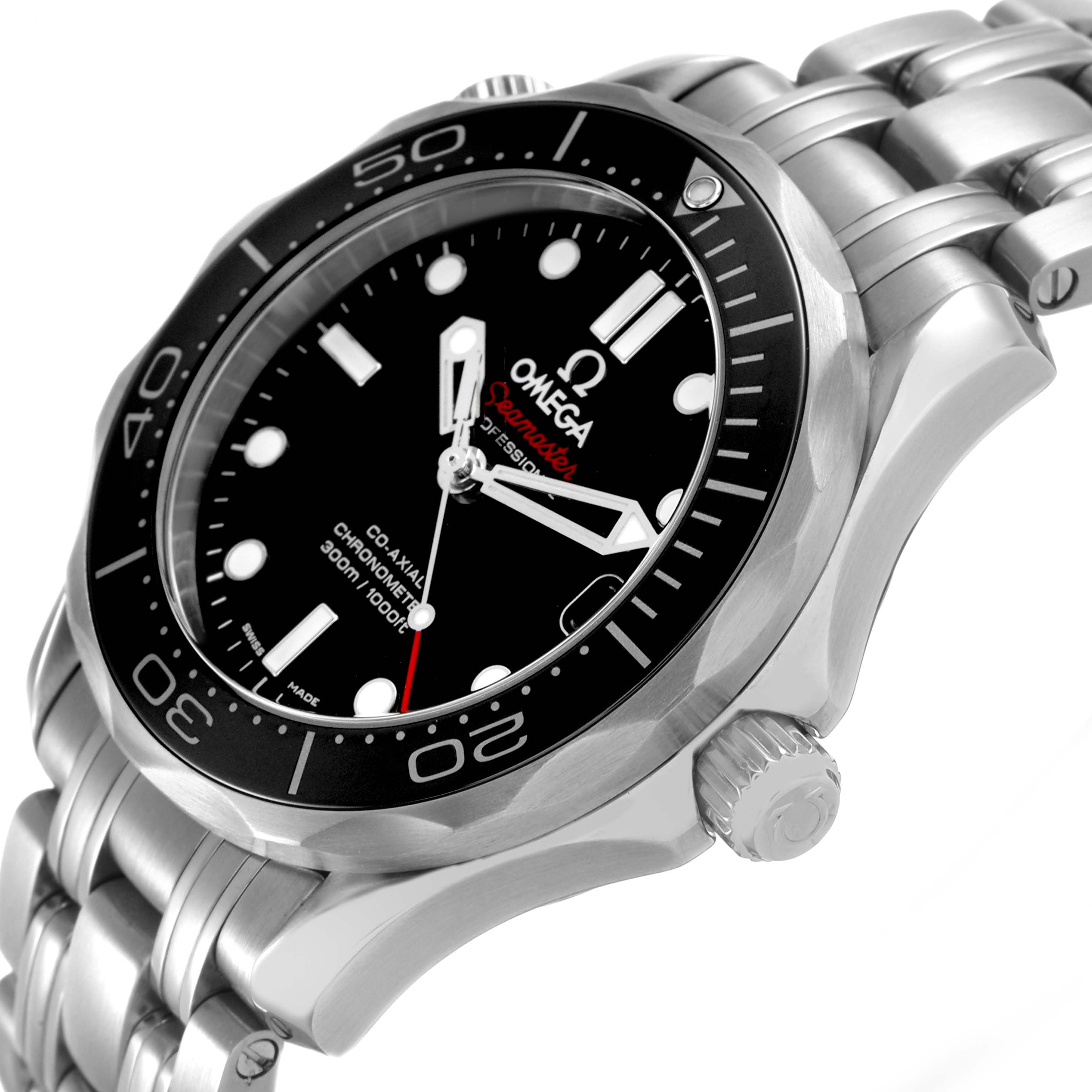 The Omega Seamaster 212.30.36.20.01.002 Men's Stainless Steel Black Dial watch is shown at a tilted angle, highlighting the bezel, dial, and part of the bracelet.