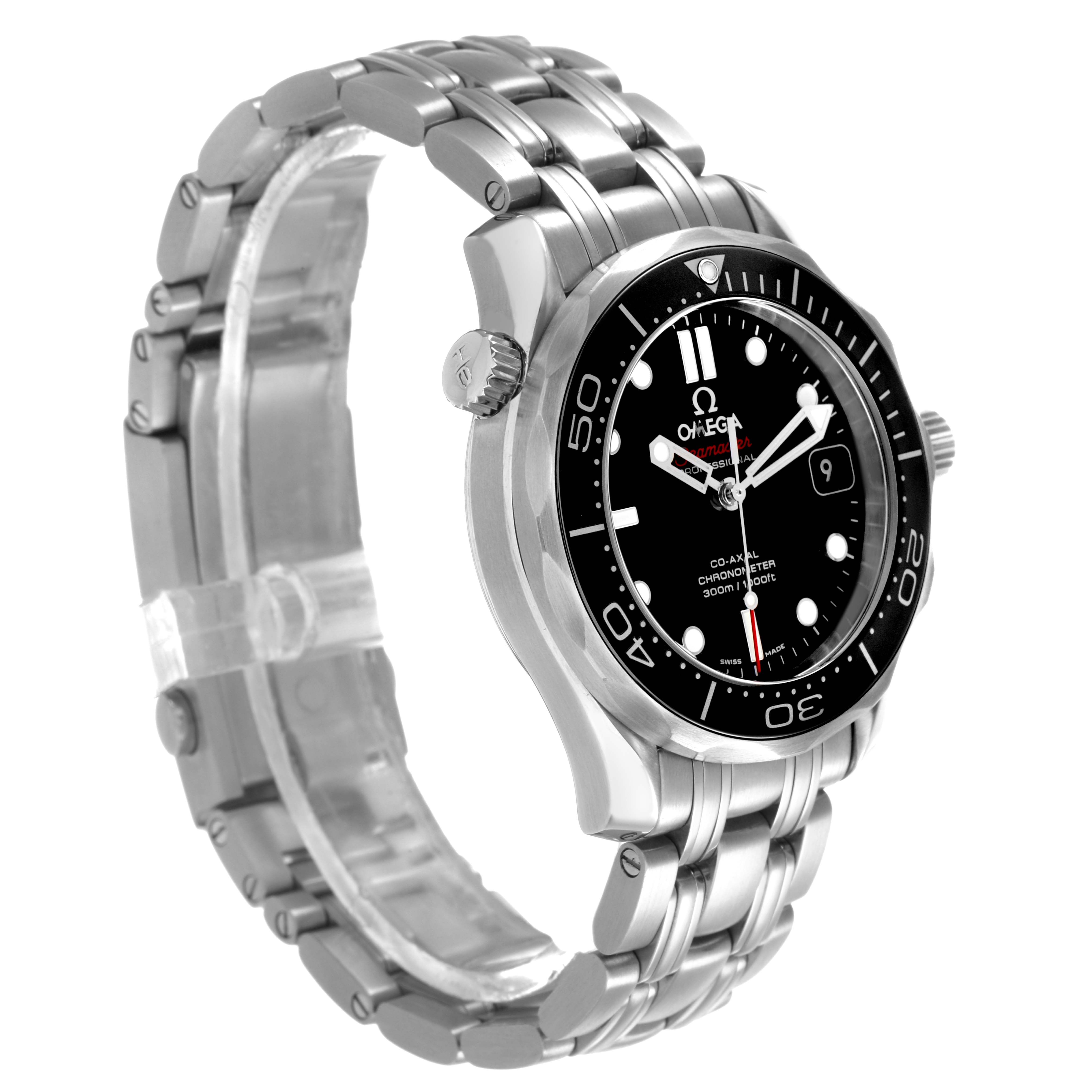 The Omega Seamaster 212.30.36.20.01.002 Men's Stainless Steel Black Dial watch is shown from a three-quarter angle, displaying the face, bezel, and bracelet.