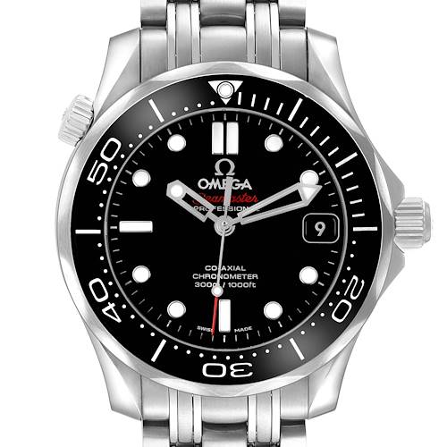 The image shows a frontal view of the Omega Seamaster 212.30.36.20.01.002 Men's Stainless Steel Black Dial, displaying its dial, bezel, crown, and bracelet.