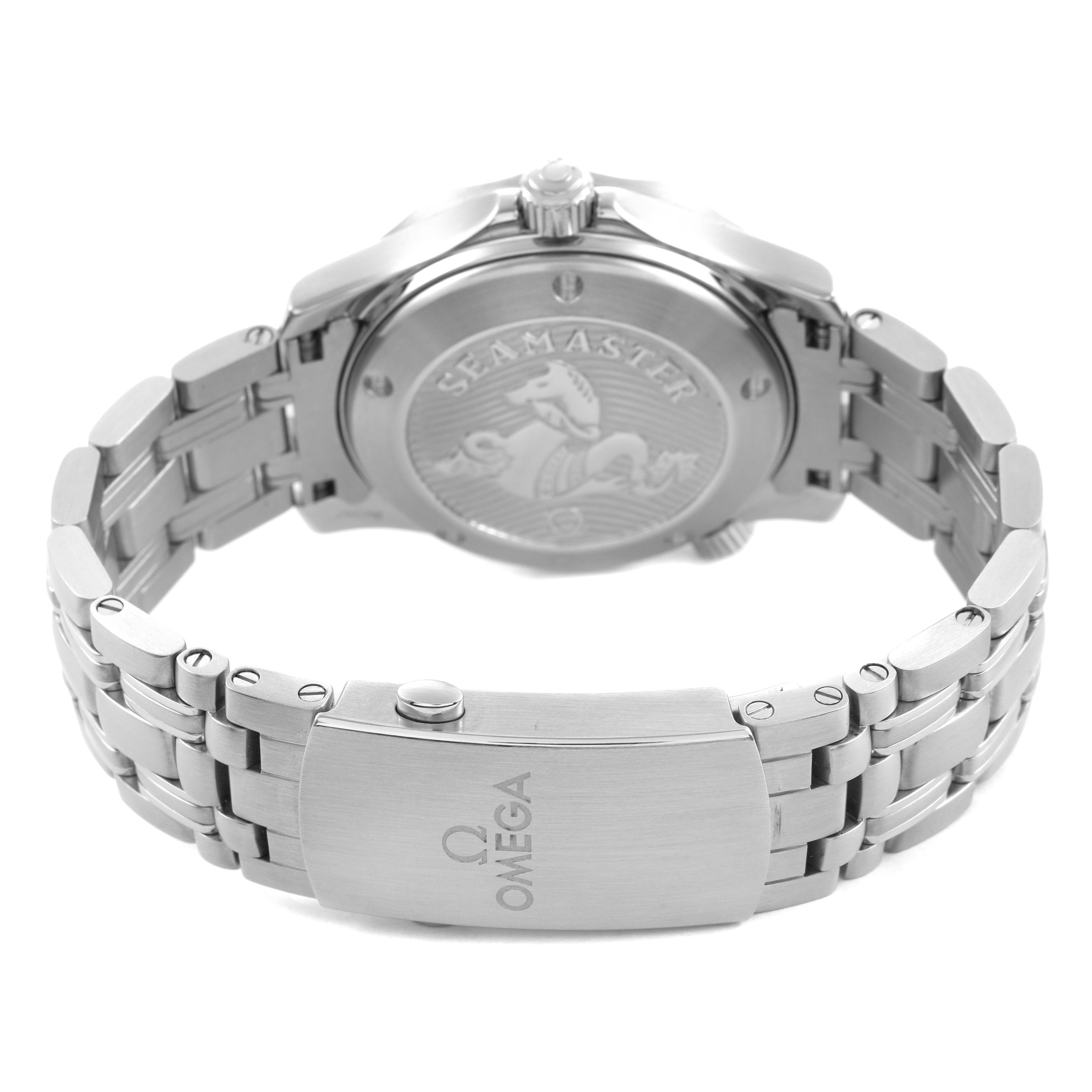 The image shows the back and clasp of an Omega Seamaster 212.30.36.20.01.002 Men's Stainless Steel Black Dial, highlighting the bracelet and case back engraving.